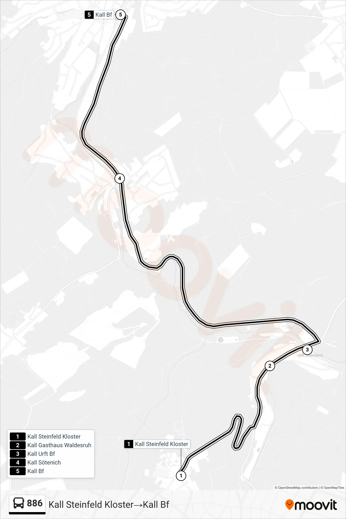886 bus Line (Kall Steinfeld Kloster‎→Kall Bf) route and stops on a map
