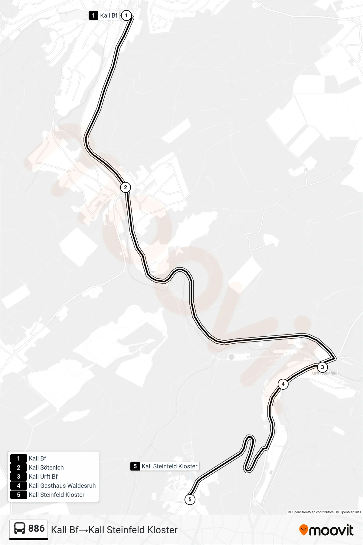 886 bus Line (Kall Bf→Kall Steinfeld Kloster) route and stops on a map