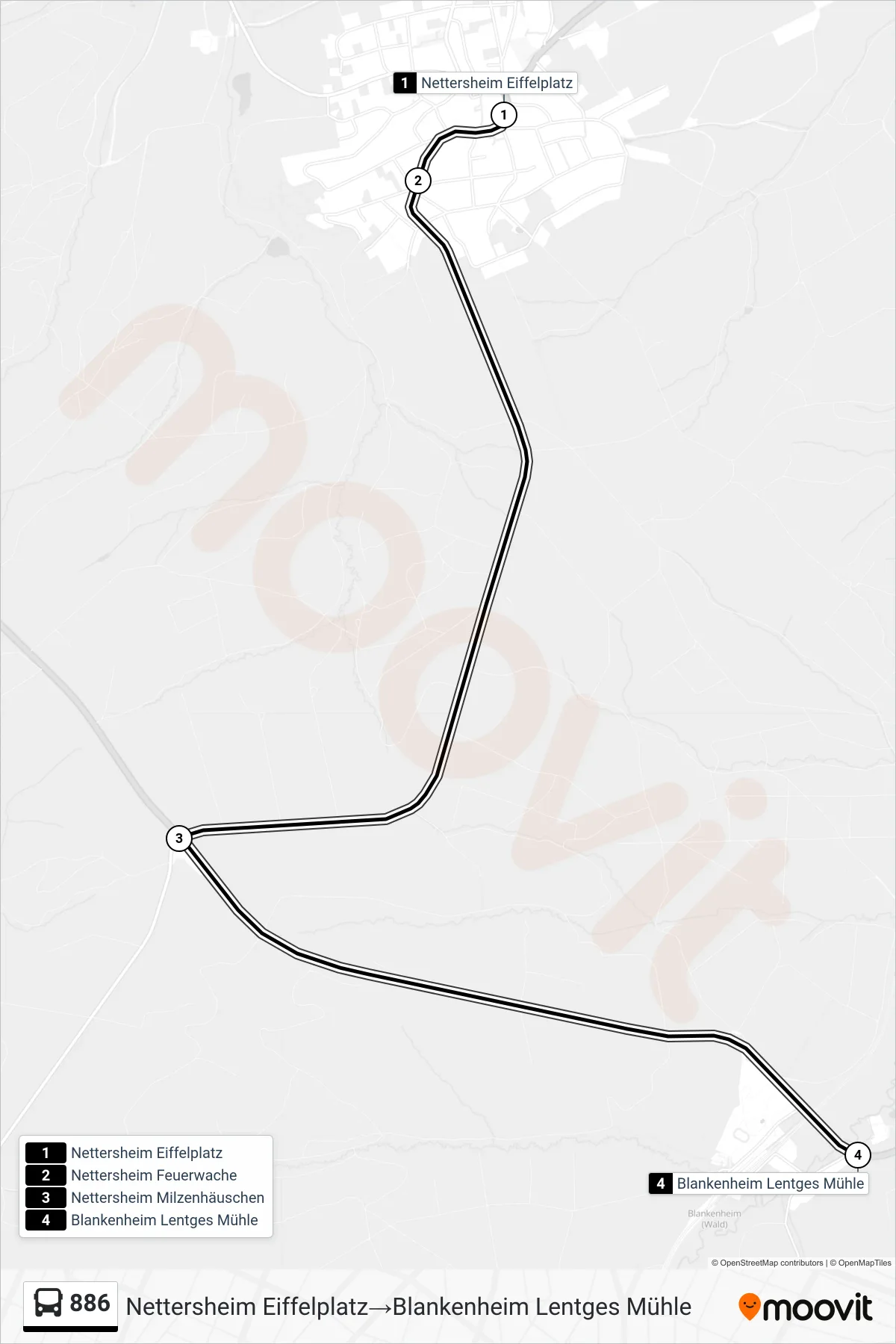 886 bus Line (Nettersheim Eiffelplatz→Blankenheim Lentges Mühle) route and stops on a map