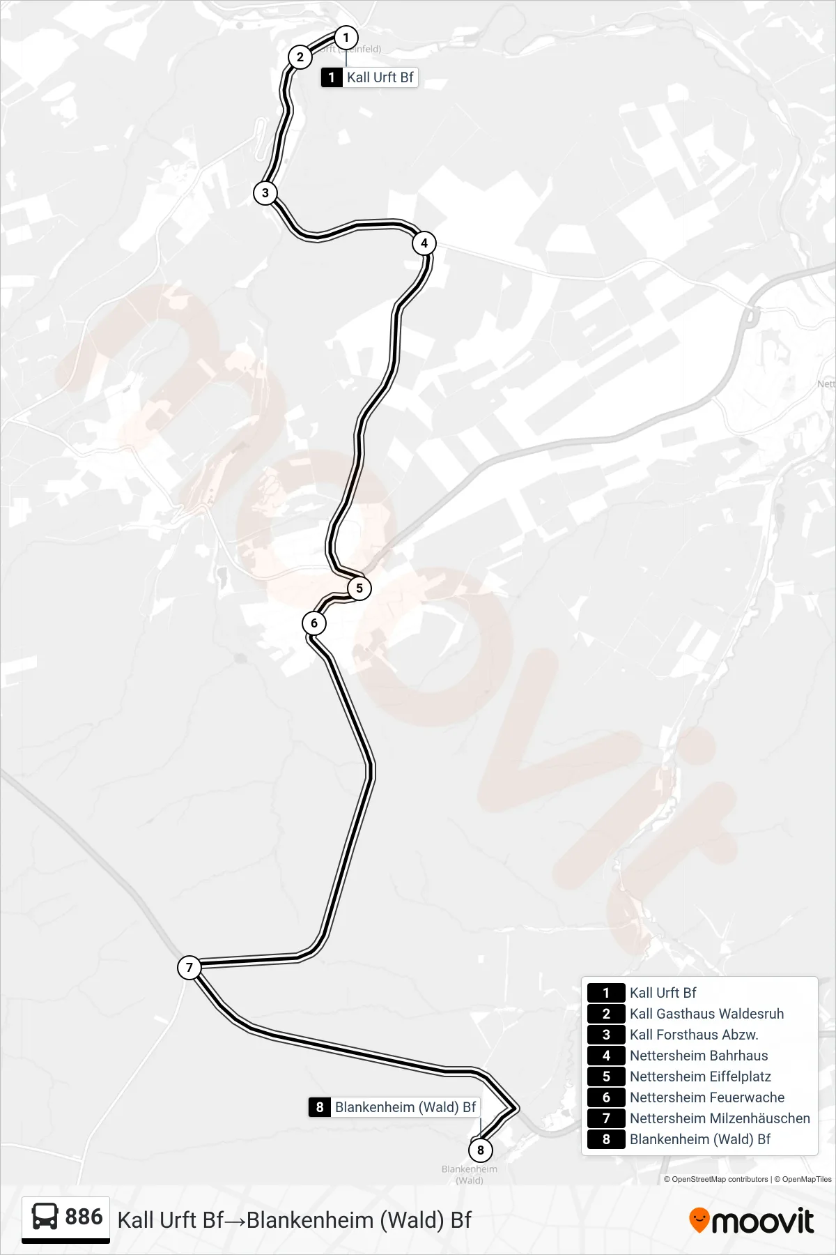 886 bus Line (Kall Urft Bf→Blankenheim (Wald) Bf) route and stops on a map