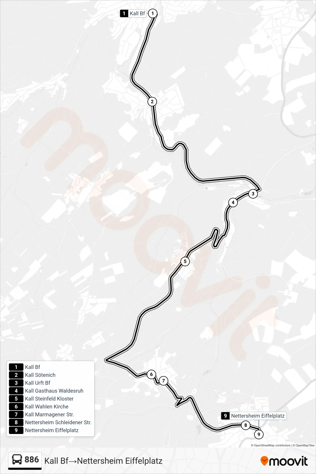 886 bus Line (Kall Bf→Nettersheim Eiffelplatz) route and stops on a map