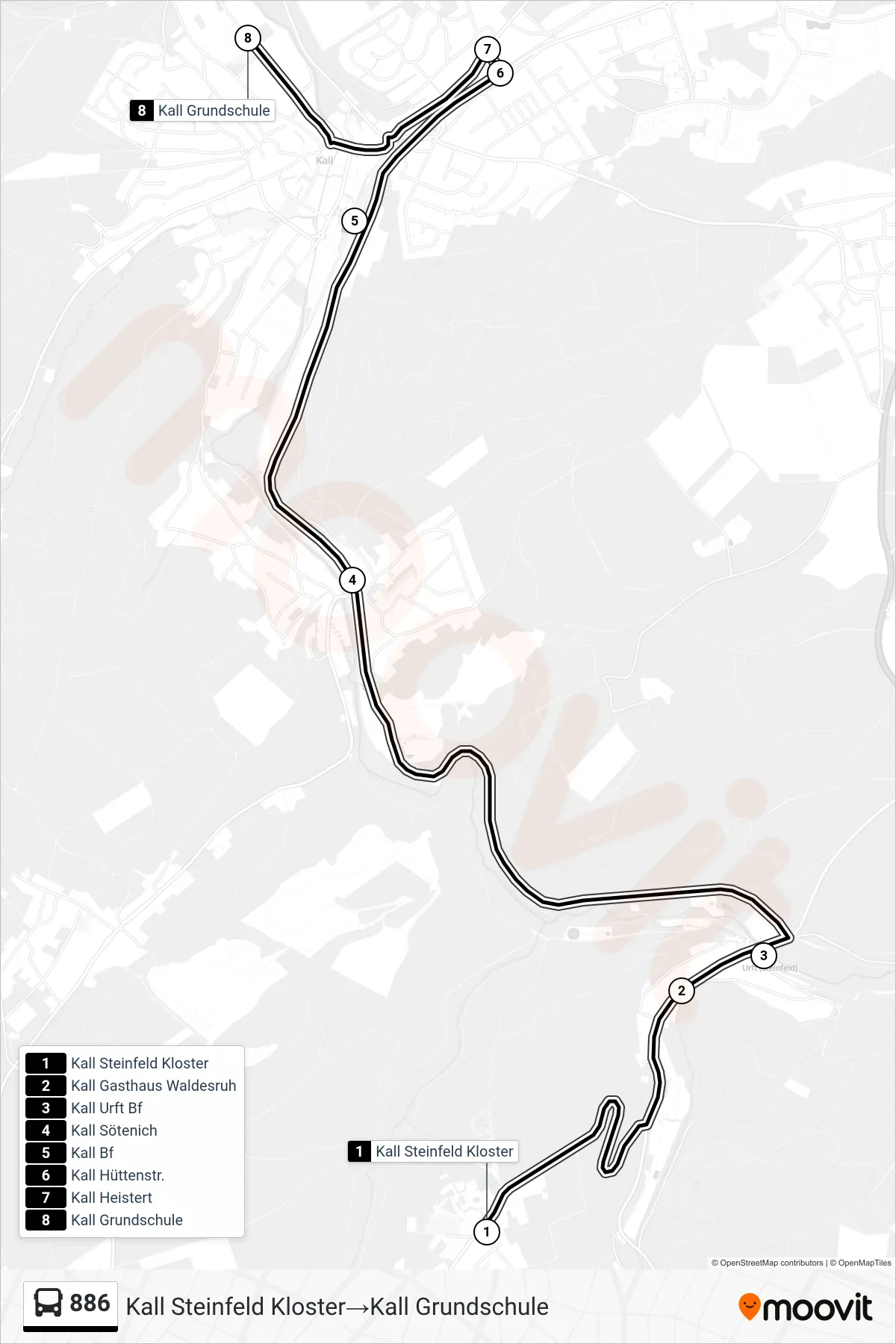 886 bus Line (Kall Steinfeld Kloster‎→Kall Grundschule) route and stops on a map