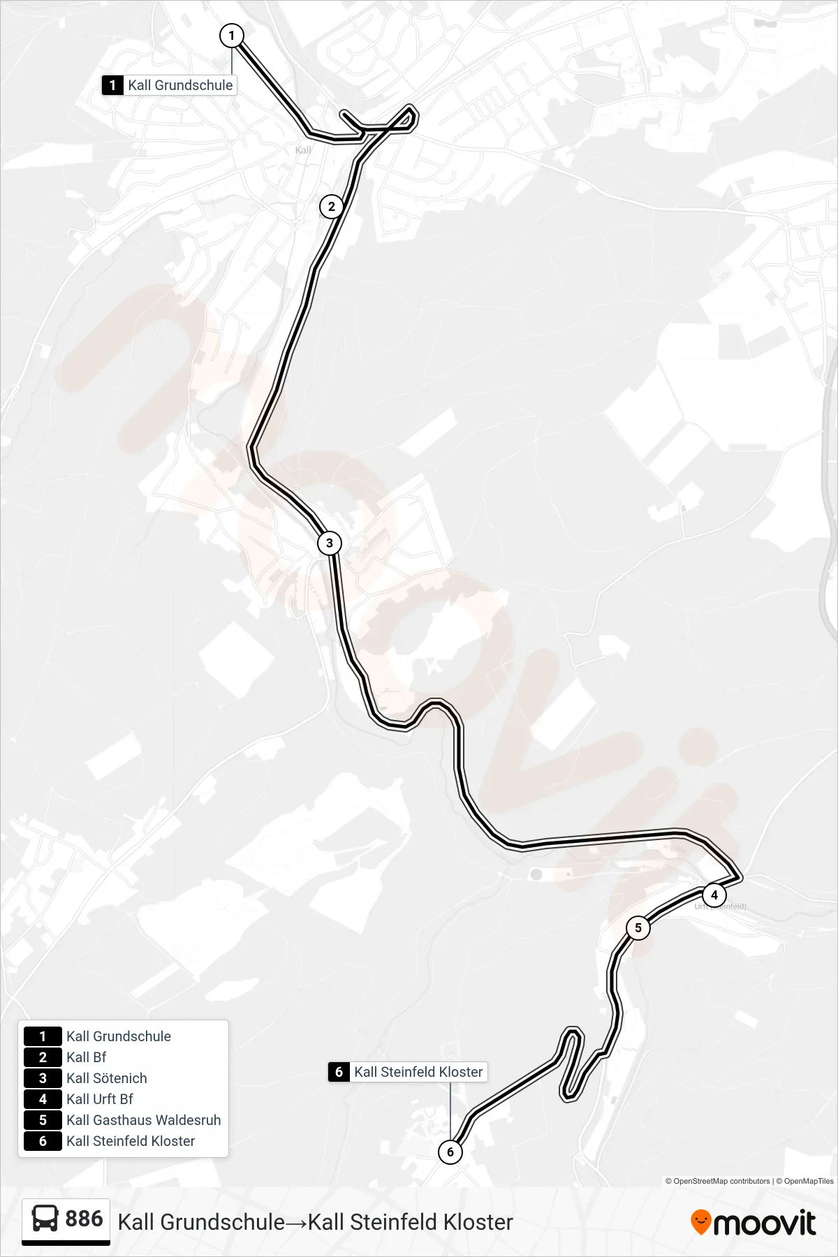 886 bus Line (Kall Grundschule→Kall Steinfeld Kloster) route and stops on a map