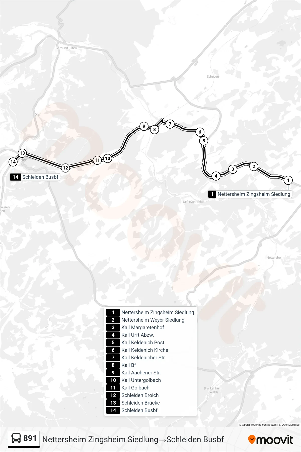Linie 891 (Bus) Richtung Nettersheim Zingsheim Siedlung‎→Schleiden Busbf: Route und Haltestellen auf der Karte