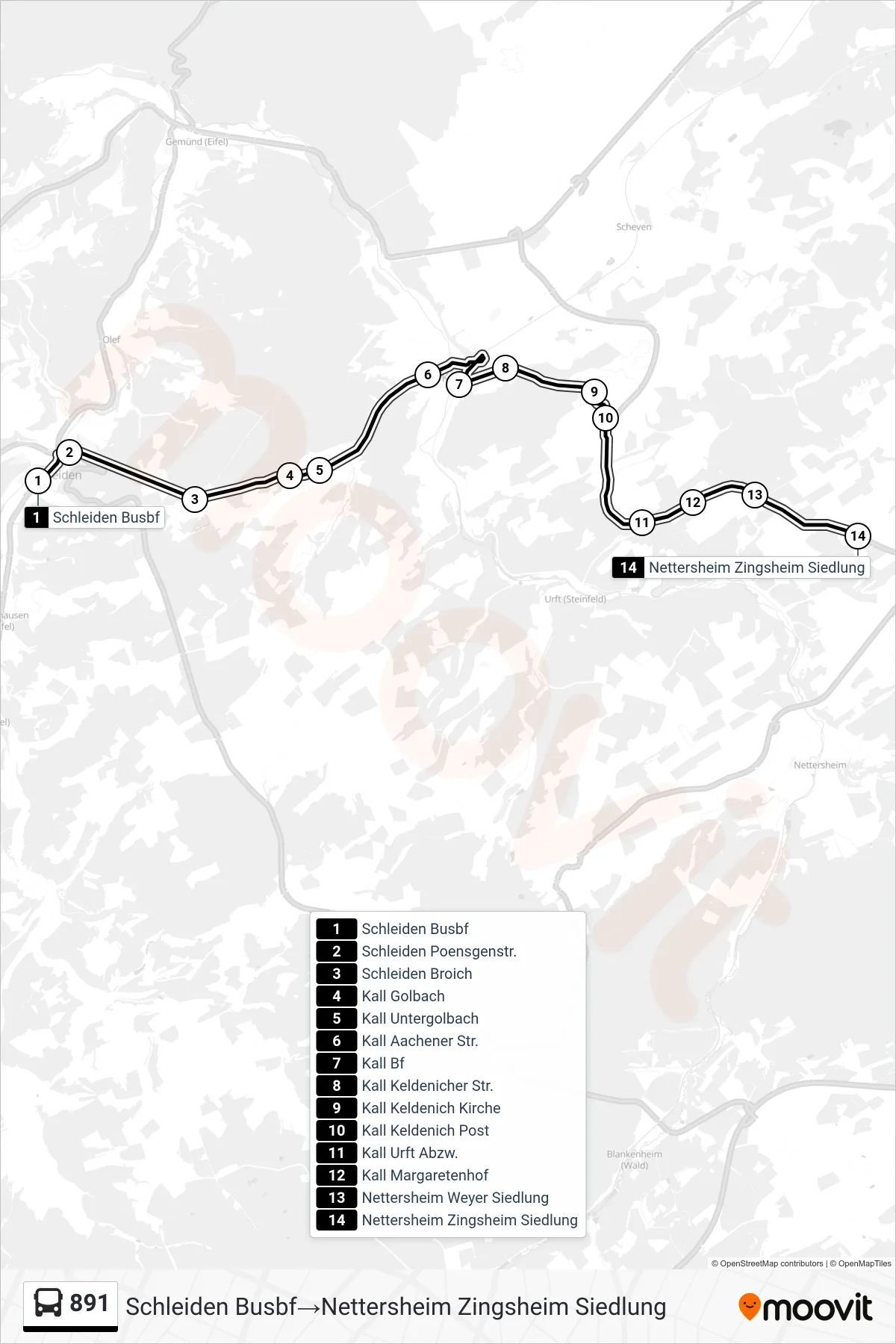 Linie 891 (Bus) Richtung Schleiden Busbf→Nettersheim Zingsheim Siedlung: Route und Haltestellen auf der Karte