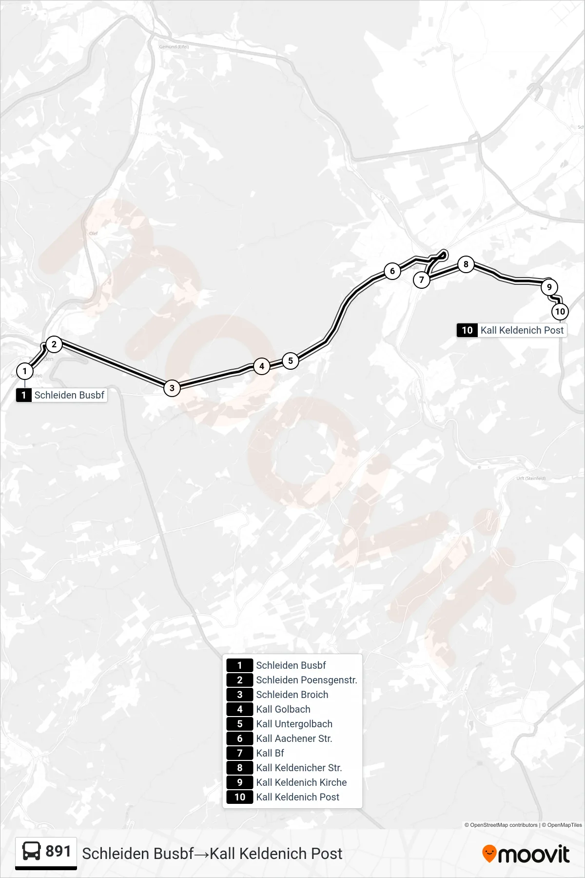 Linie 891 (Bus) Richtung Schleiden Busbf→Kall Keldenich Post: Route und Haltestellen auf der Karte
