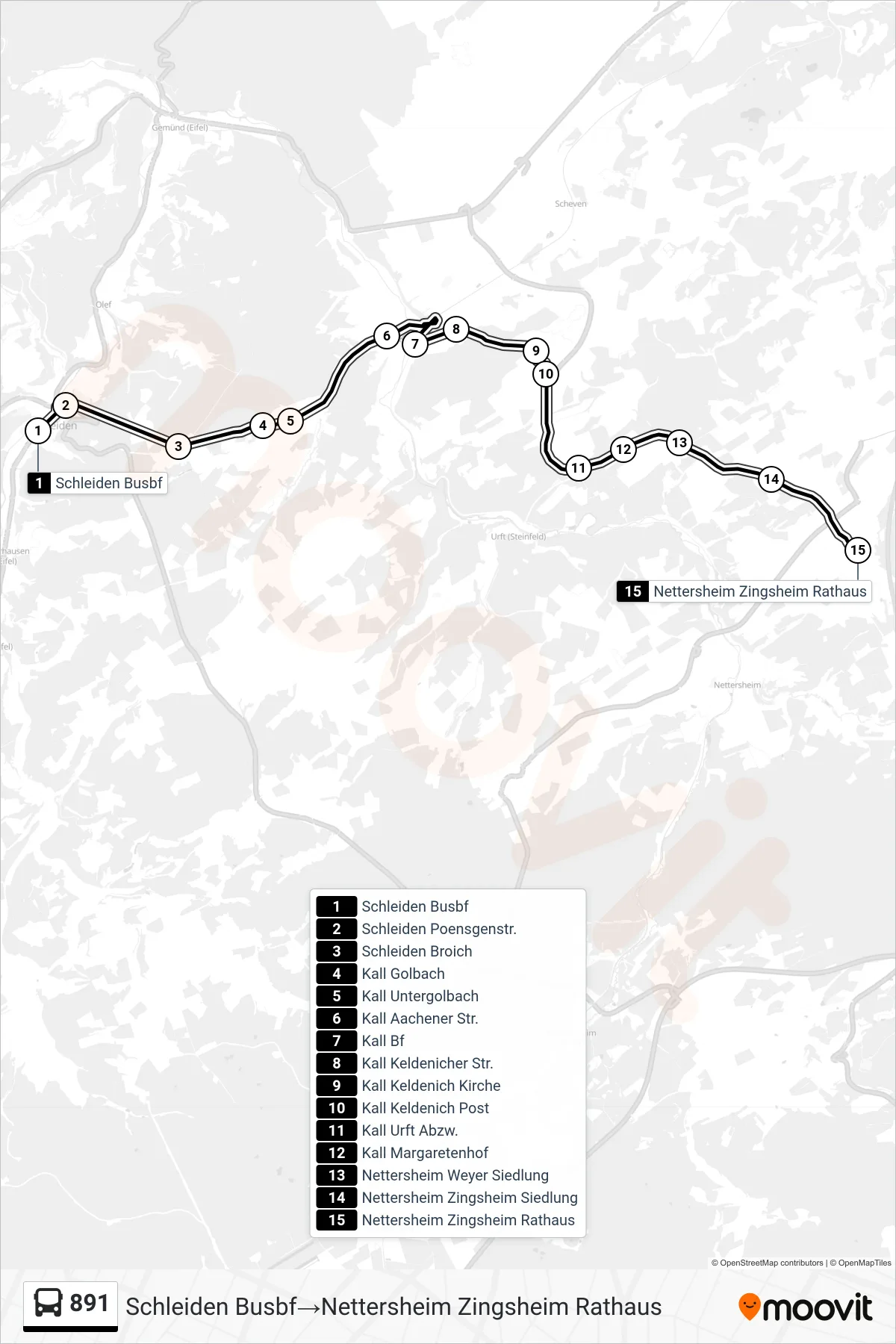 891 bus Line (Schleiden Busbf‎→Nettersheim Zingsheim Rathaus) route and stops on a map