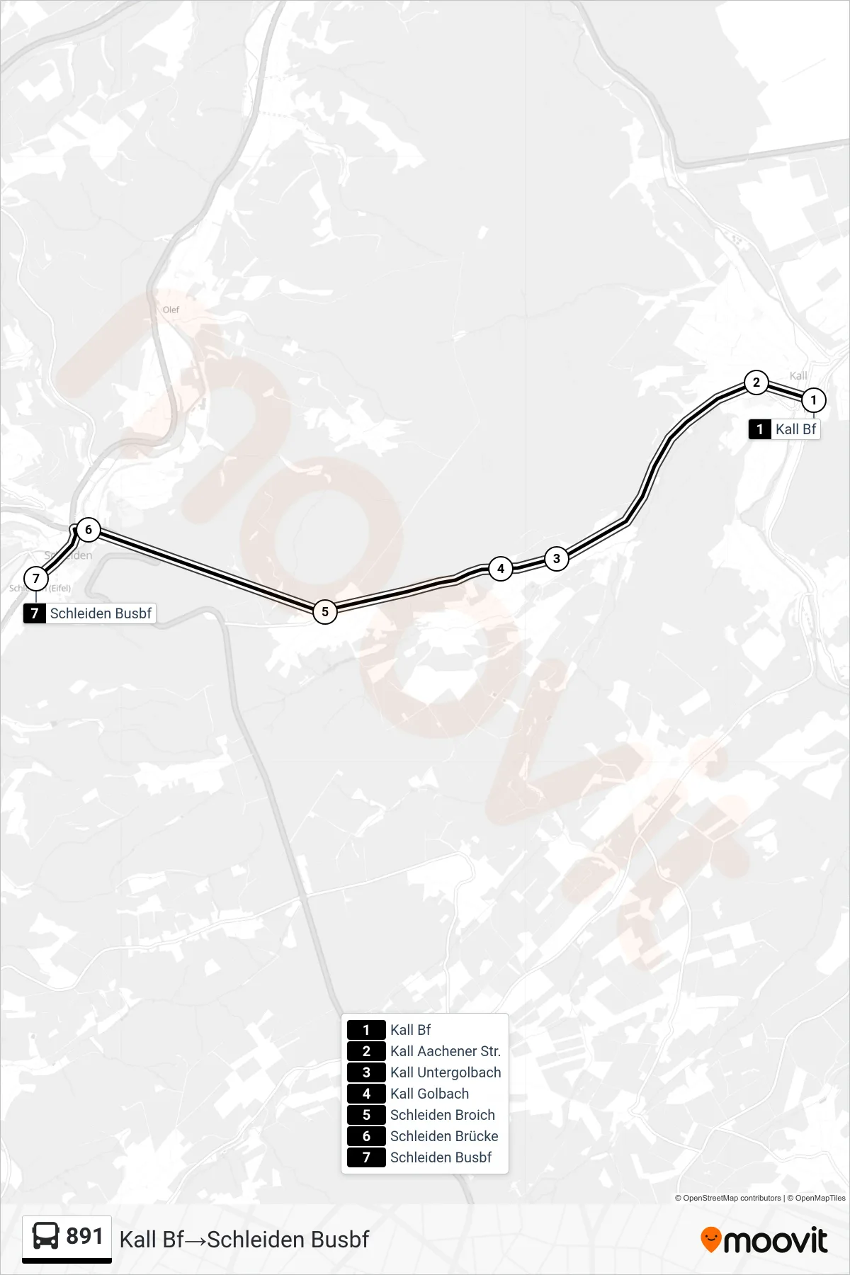 Linie 891 (Bus) Richtung Kall Bf‎→Schleiden Busbf: Route und Haltestellen auf der Karte