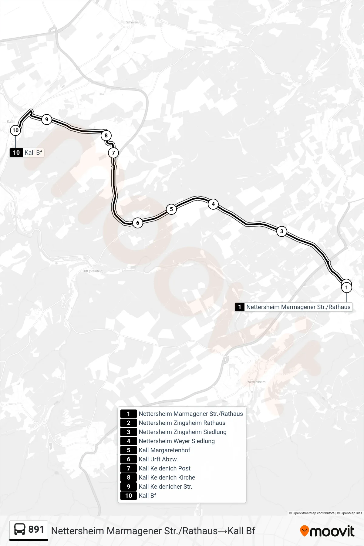 Linie 891 (Bus) Richtung Nettersheim Marmagener Str./Rathaus‎→Kall Bf: Route und Haltestellen auf der Karte