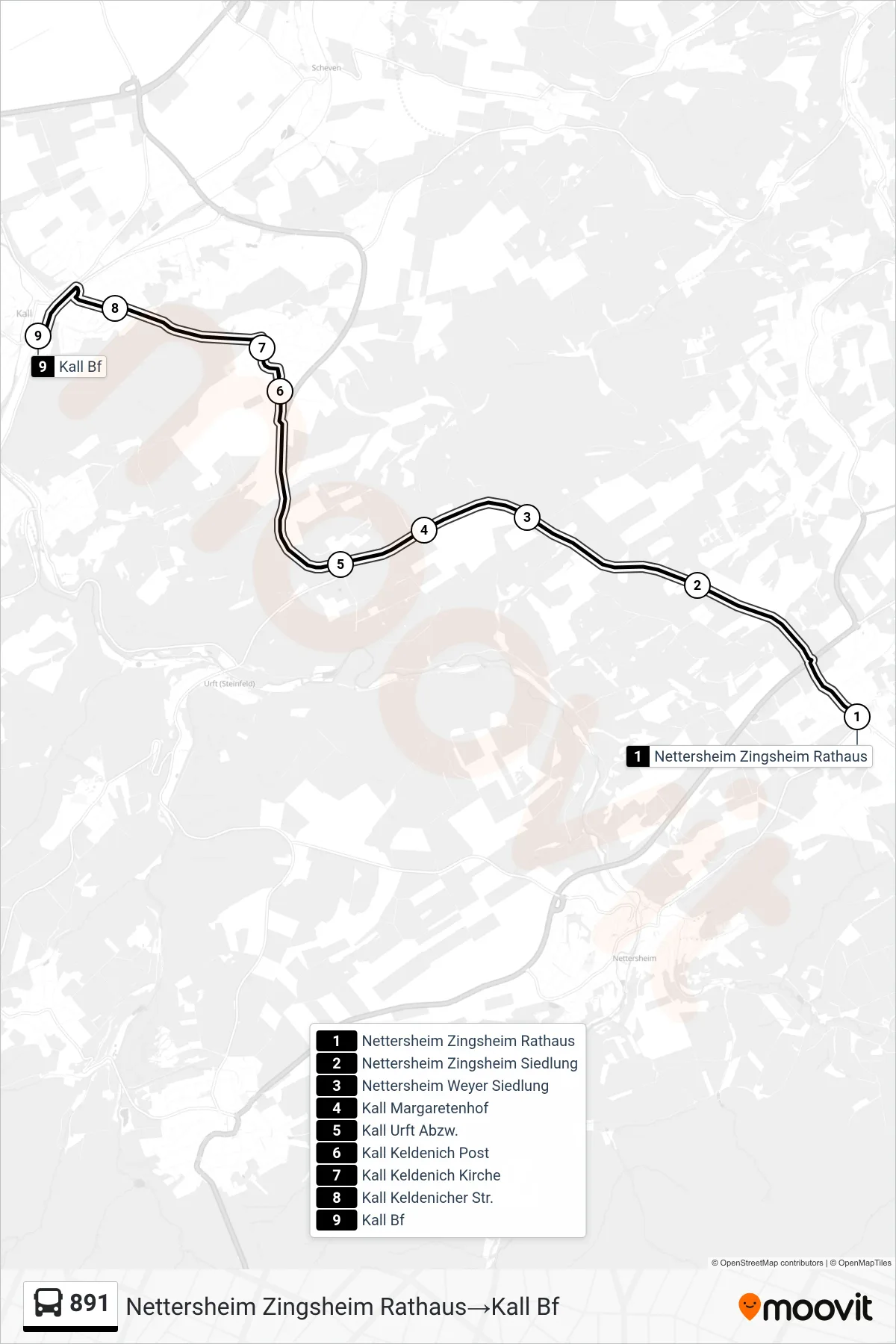 Linie 891 (Bus) Richtung Nettersheim Zingsheim Rathaus‎→Kall Bf: Route und Haltestellen auf der Karte