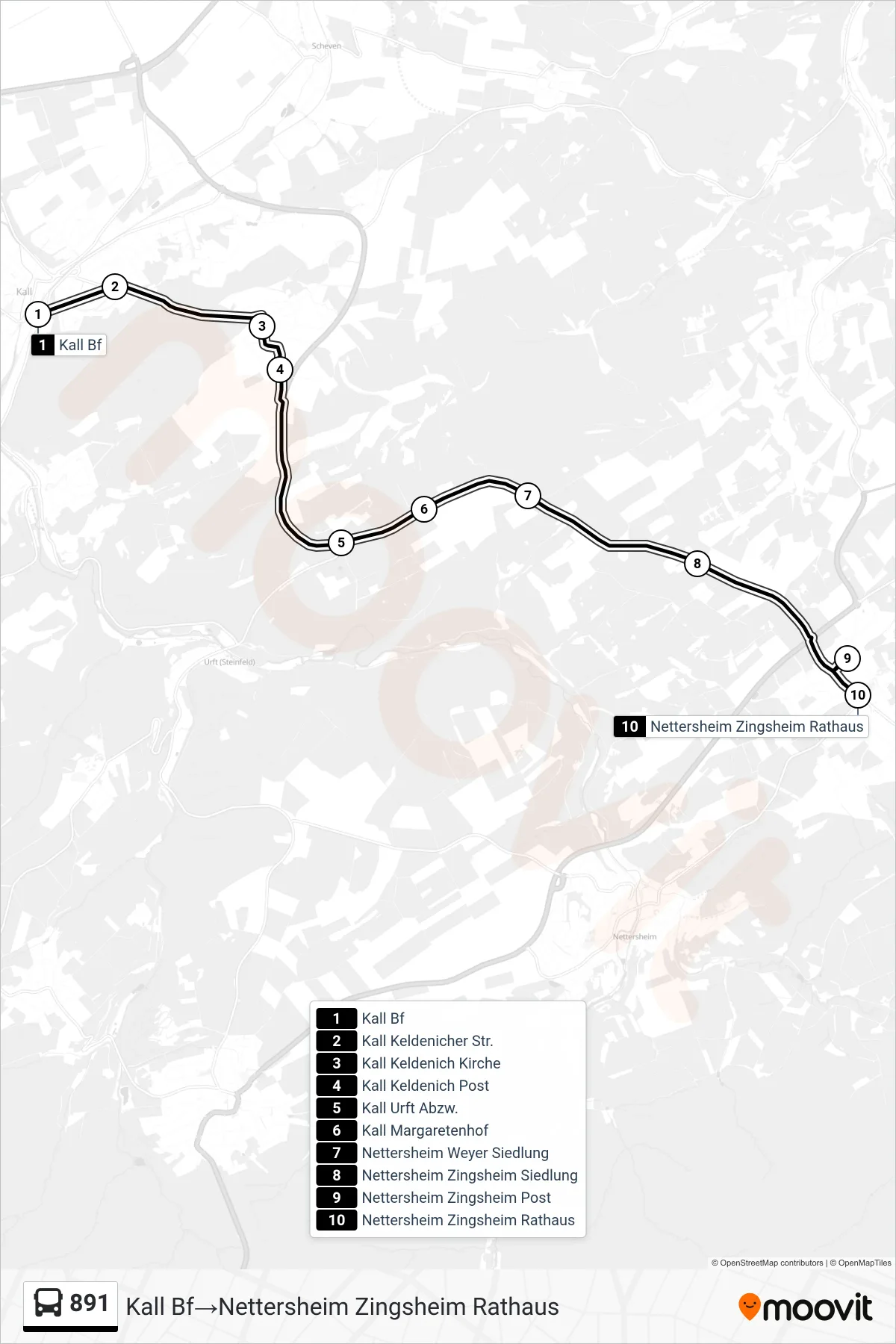 891 bus Line (Kall Bf‎→Nettersheim Zingsheim Rathaus) route and stops on a map