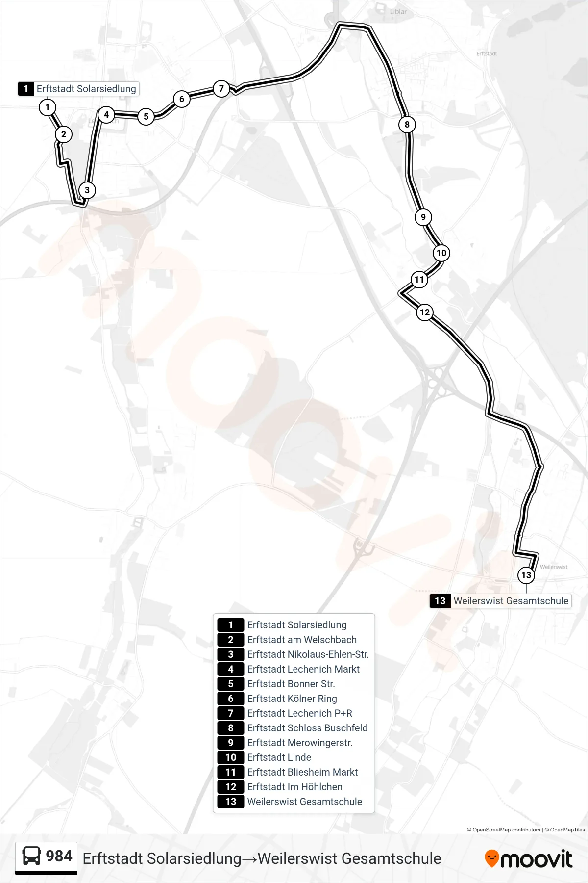 Linie 984 (Bus) Richtung Erftstadt Solarsiedlung‎→Weilerswist Gesamtschule: Route und Haltestellen auf der Karte