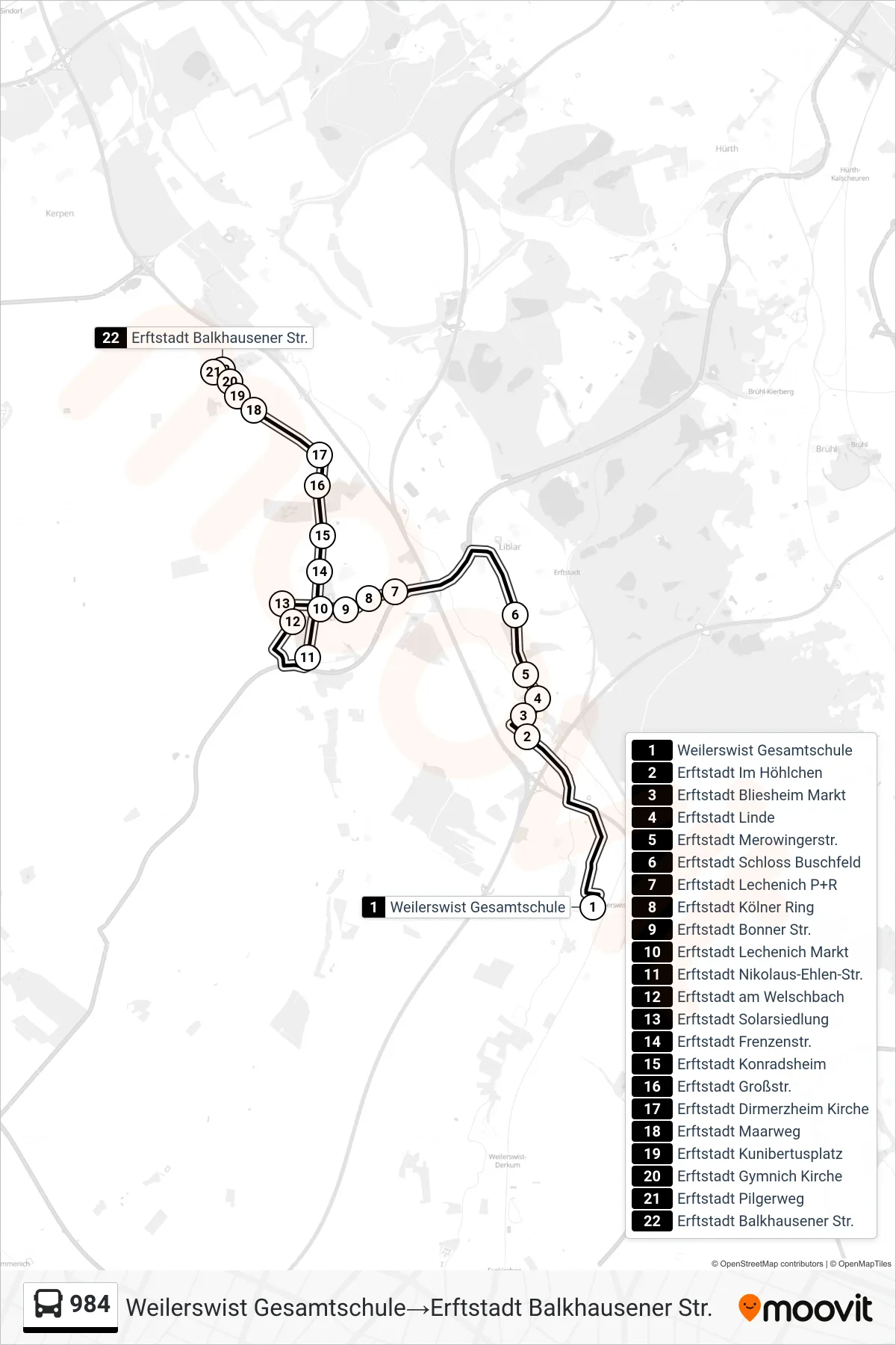 Linie 984 (Bus) Richtung Weilerswist Gesamtschule→Erftstadt Balkhausener Str.: Route und Haltestellen auf der Karte