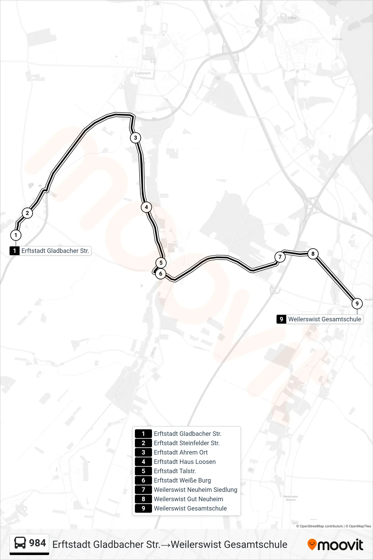 Linie 984 (Bus) Richtung Erftstadt Gladbacher Str.‎→Weilerswist Gesamtschule: Route und Haltestellen auf der Karte