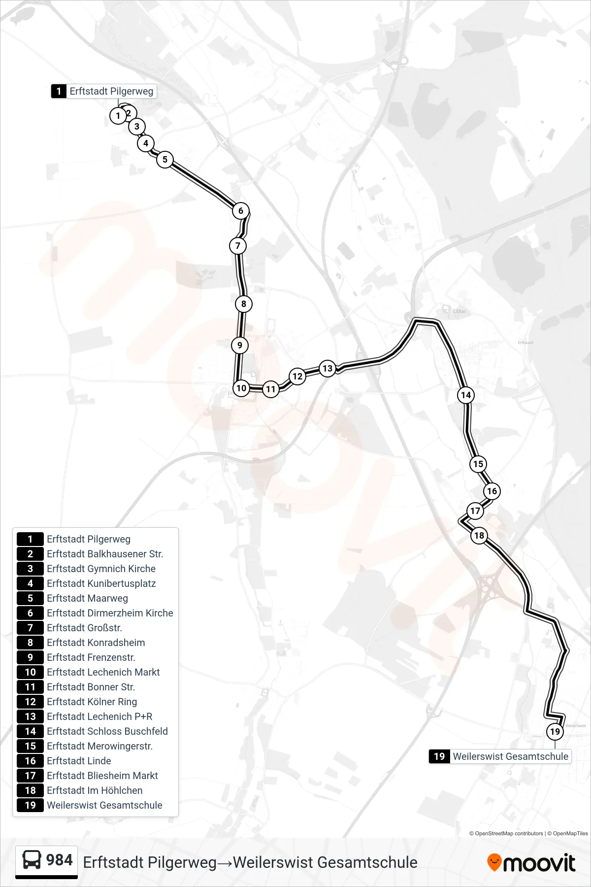 984 bus Line (Erftstadt Pilgerweg‎→Weilerswist Gesamtschule) route and stops on a map