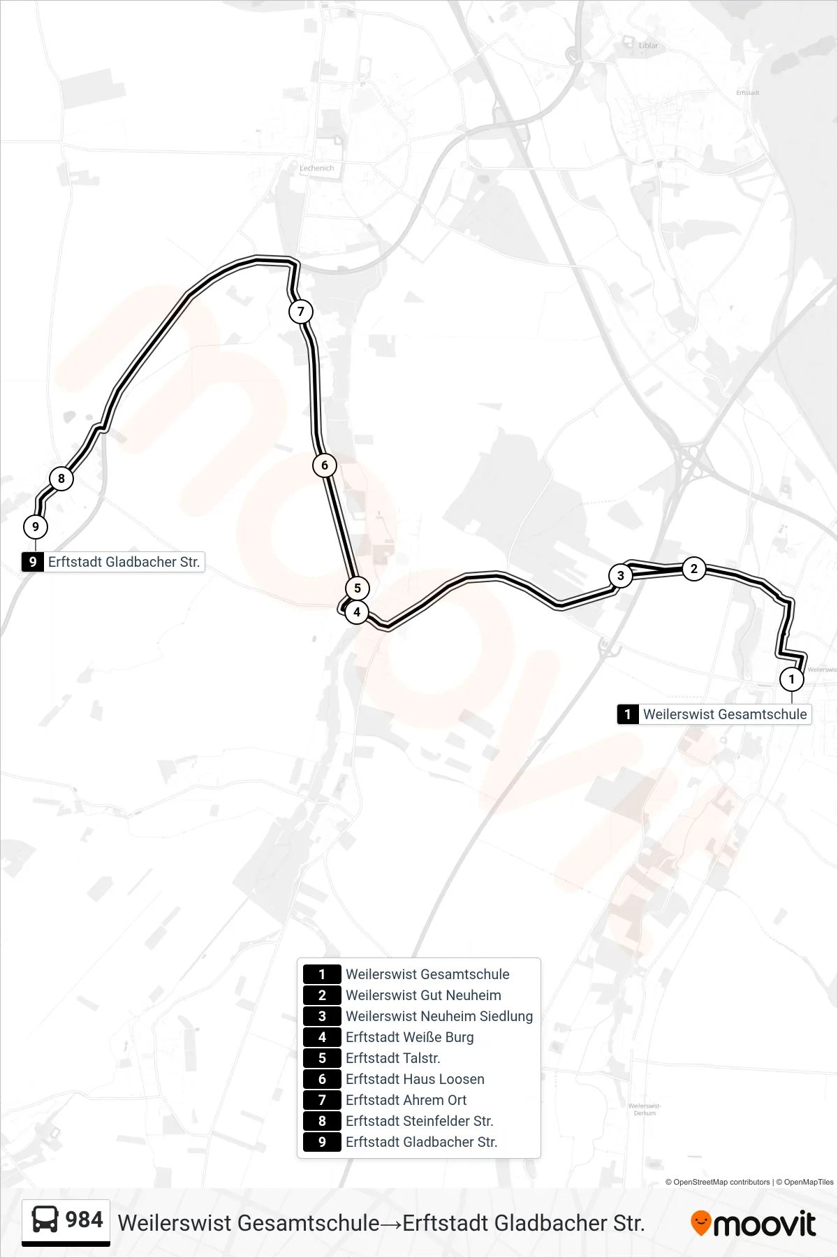 Linie 984 (Bus) Richtung Weilerswist Gesamtschule‎→Erftstadt Gladbacher Str.: Route und Haltestellen auf der Karte