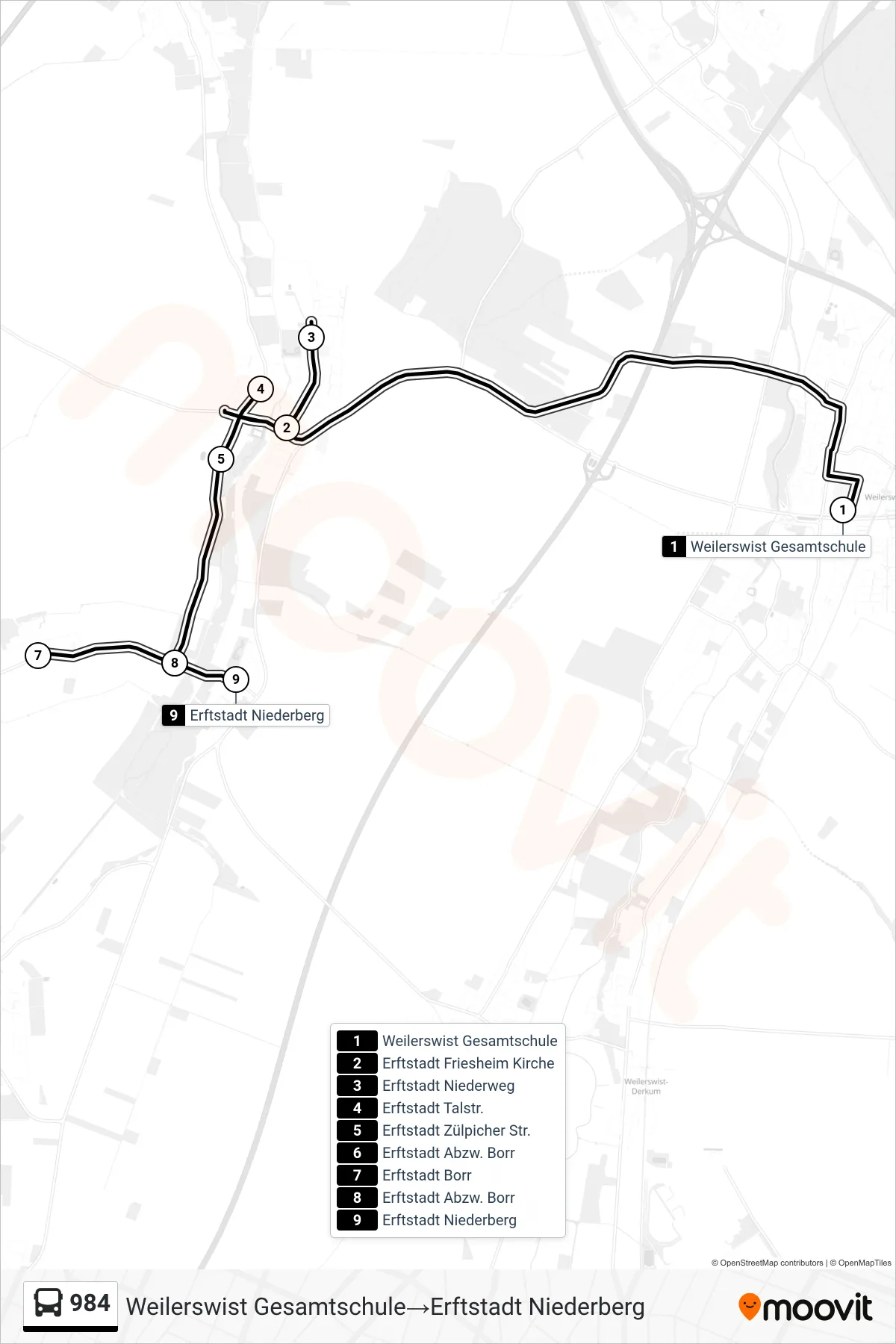 Linie 984 (Bus) Richtung Weilerswist Gesamtschule→Erftstadt Niederberg: Route und Haltestellen auf der Karte