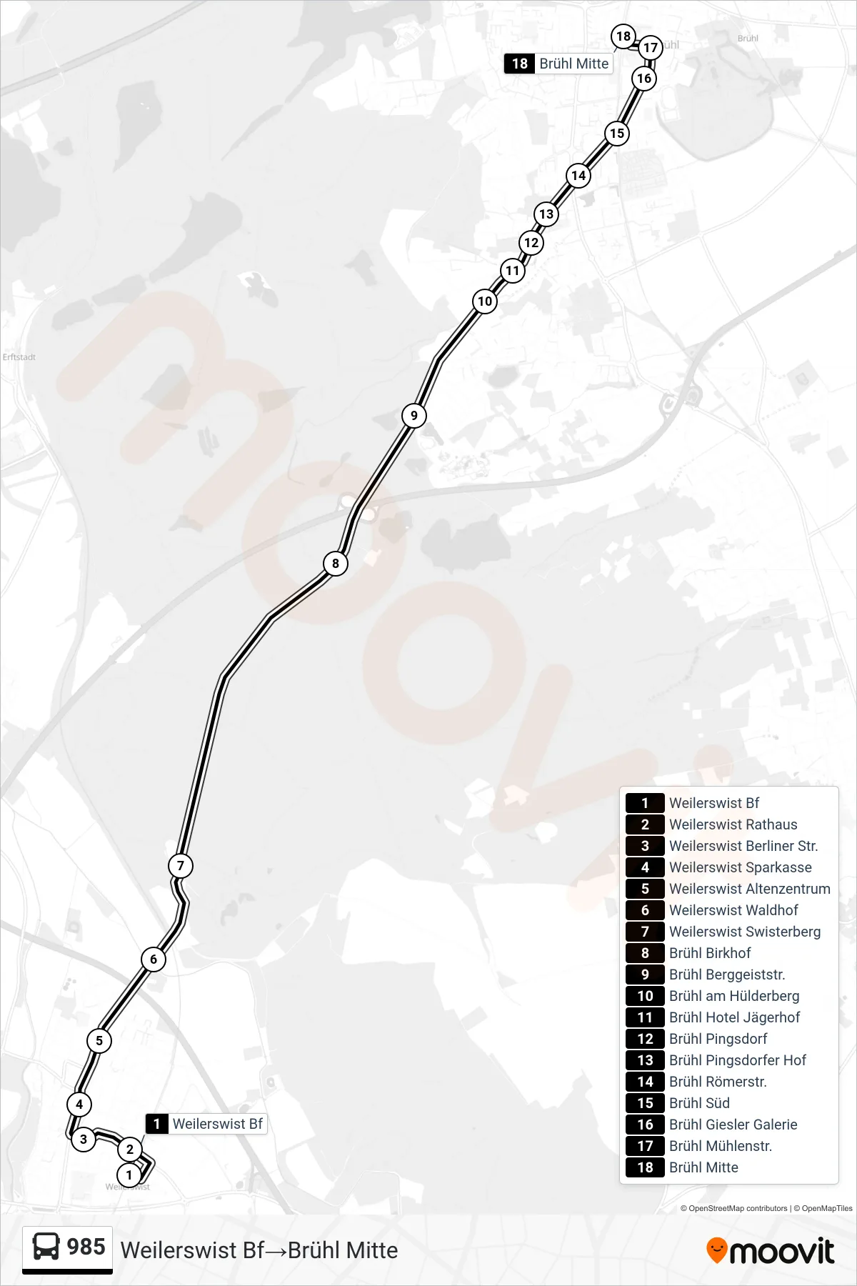985 bus Line (Weilerswist Bf→Brühl Mitte) route and stops on a map