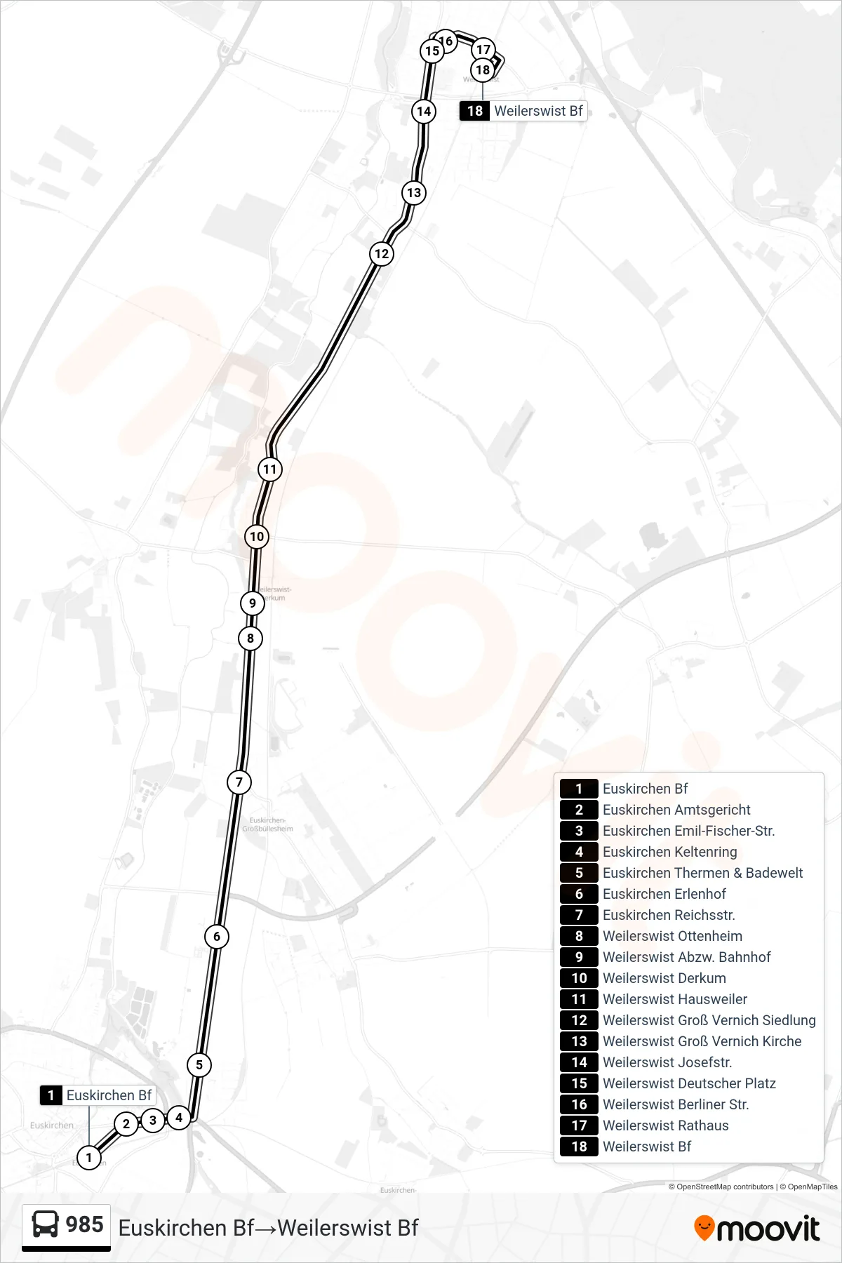Linie 985 (Bus) Richtung Euskirchen Bf→Weilerswist Bf: Route und Haltestellen auf der Karte