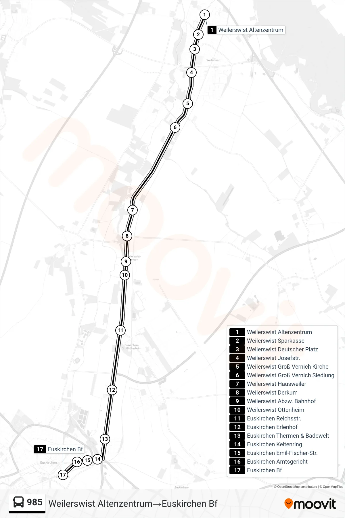 Linie 985 (Bus) Richtung Weilerswist Altenzentrum‎→Euskirchen Bf: Route und Haltestellen auf der Karte