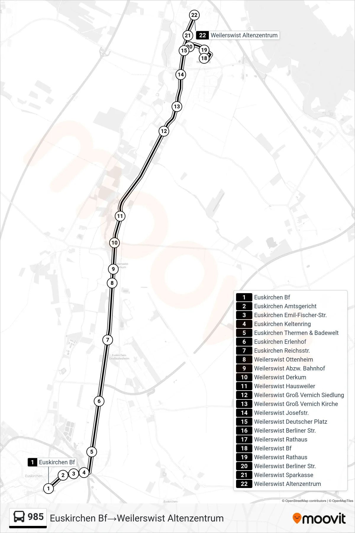 Linie 985 (Bus) Richtung Euskirchen Bf‎→Weilerswist Altenzentrum: Route und Haltestellen auf der Karte