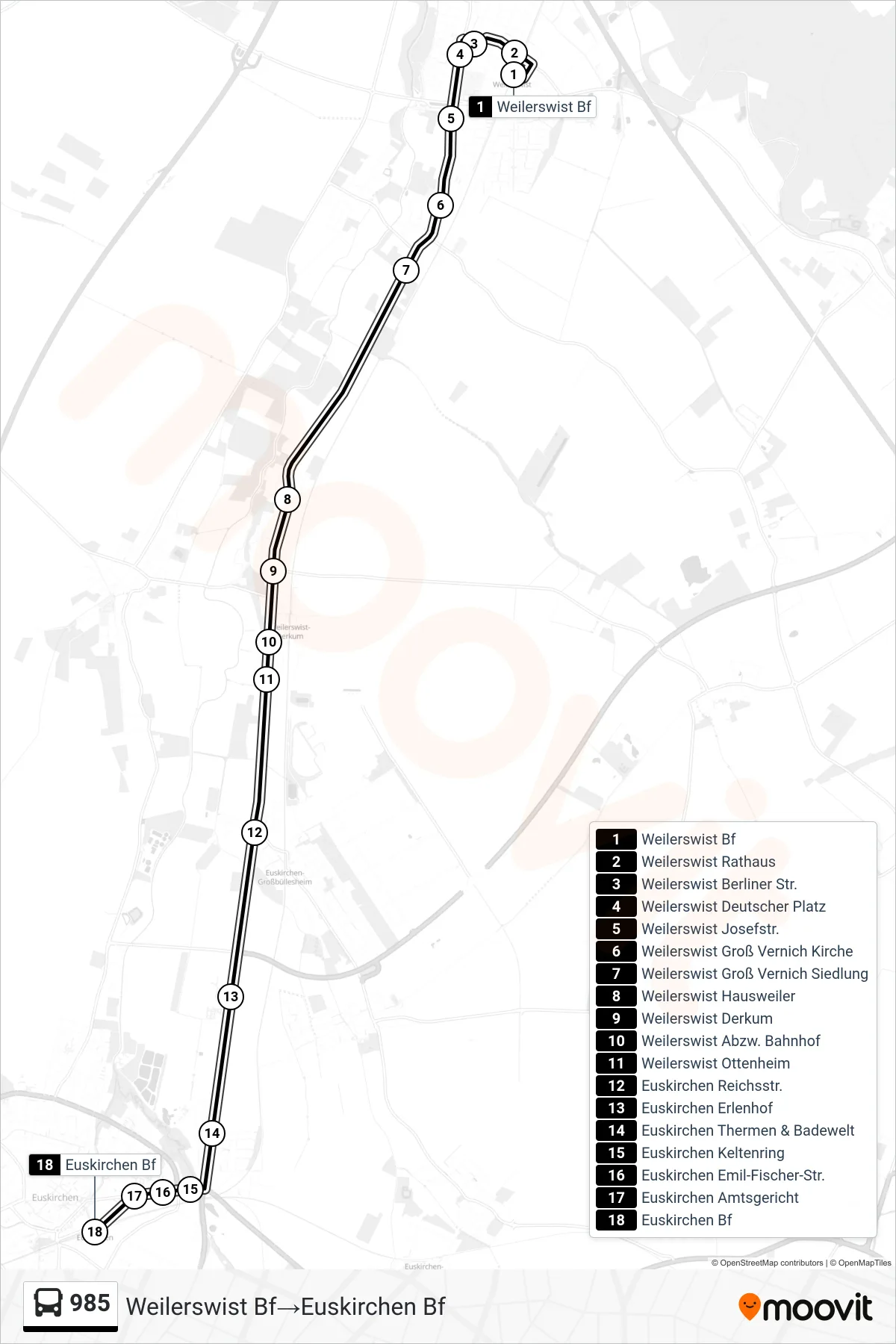 Linie 985 (Bus) Richtung Weilerswist Bf‎→Euskirchen Bf: Route und Haltestellen auf der Karte