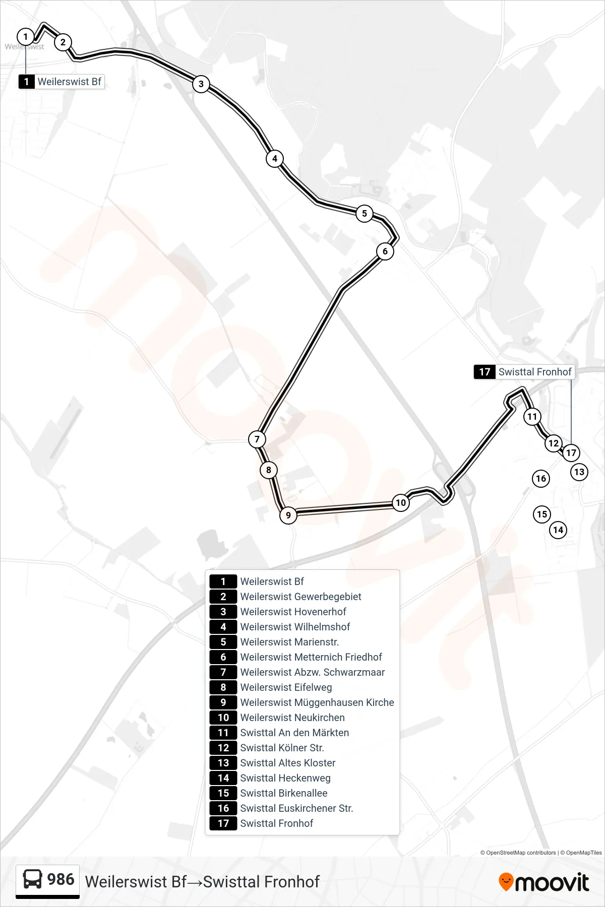 Linie 986 (Bus) Richtung Weilerswist Bf→Swisttal Fronhof: Route und Haltestellen auf der Karte