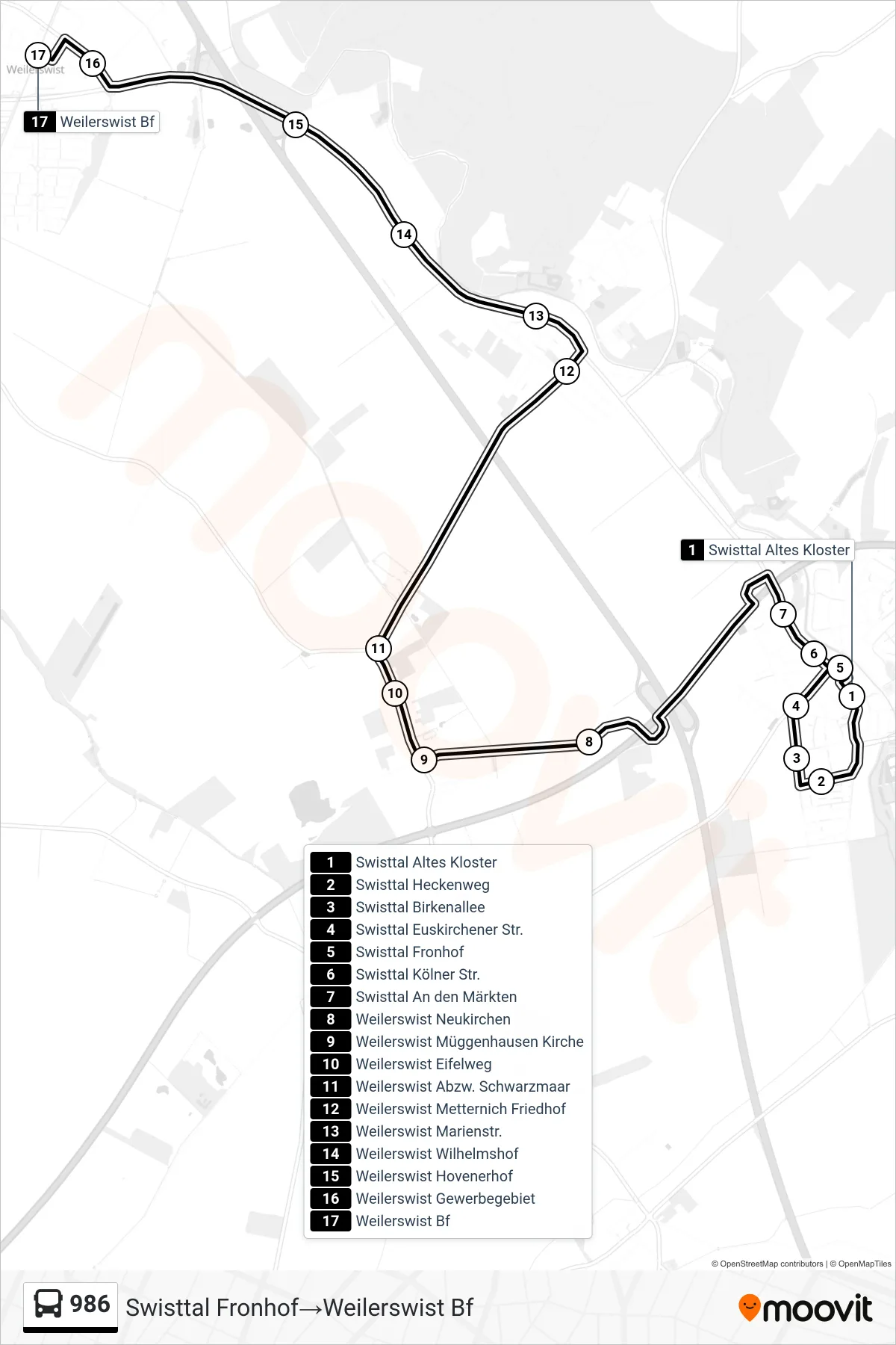 Linie 986 (Bus) Richtung Swisttal Fronhof‎→Weilerswist Bf: Route und Haltestellen auf der Karte