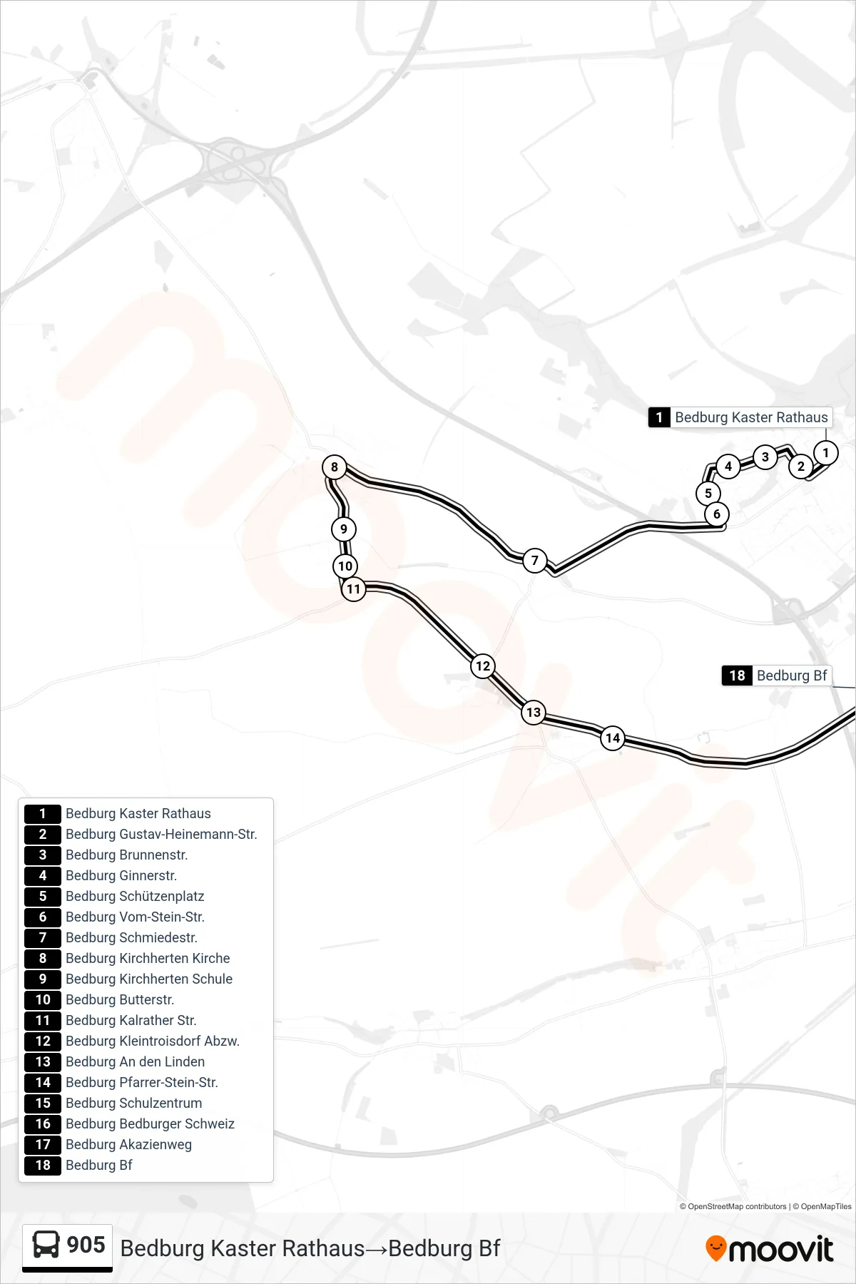 Linie 905 (Bus) Richtung Bedburg Kaster Rathaus‎→Bedburg Bf: Route und Haltestellen auf der Karte