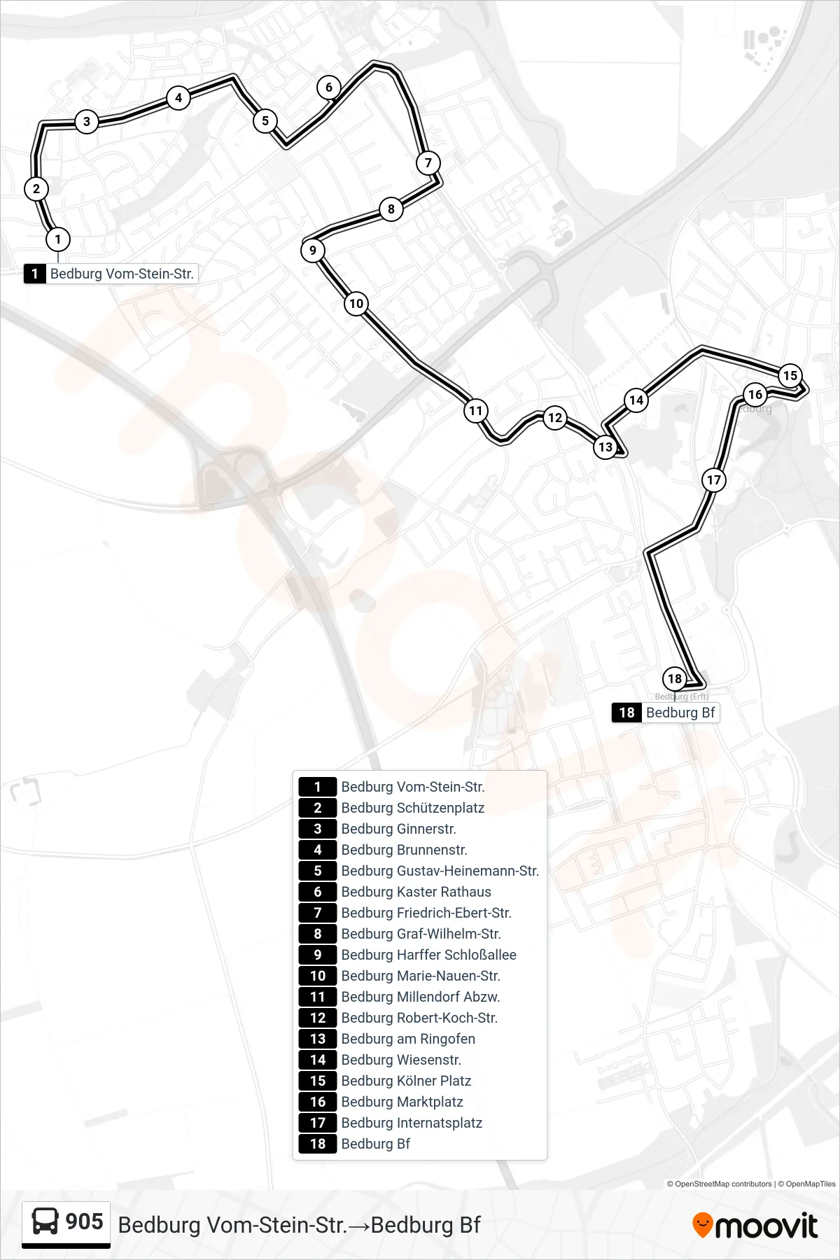 Linie 905 (Bus) Richtung Bedburg Vom-Stein-Str.‎→Bedburg Bf: Route und Haltestellen auf der Karte