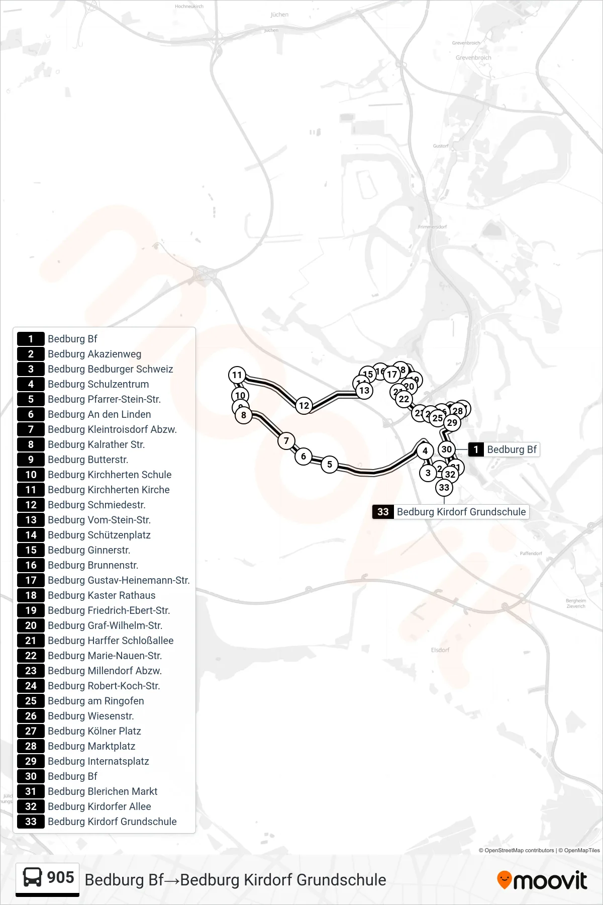 Linie 905 (Bus) Richtung Bedburg Bf‎→Bedburg Kirdorf Grundschule: Route und Haltestellen auf der Karte