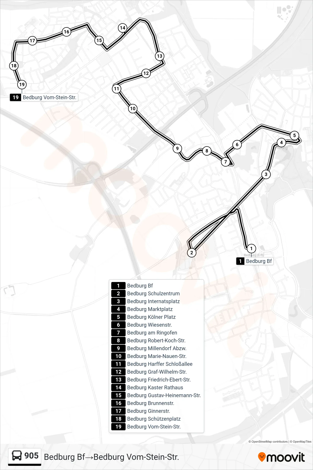 Linie 905 (Bus) Richtung Bedburg Bf‎→Bedburg Vom-Stein-Str.: Route und Haltestellen auf der Karte