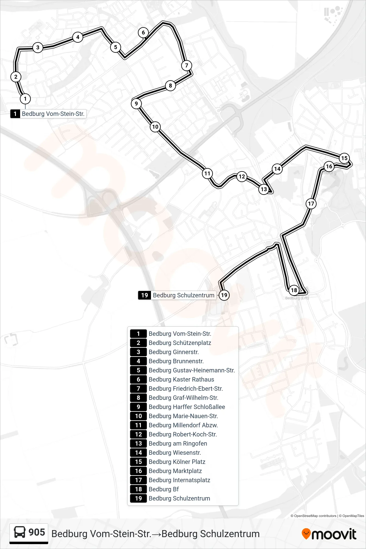 Linie 905 (Bus) Richtung Bedburg Vom-Stein-Str.‎→Bedburg Schulzentrum: Route und Haltestellen auf der Karte