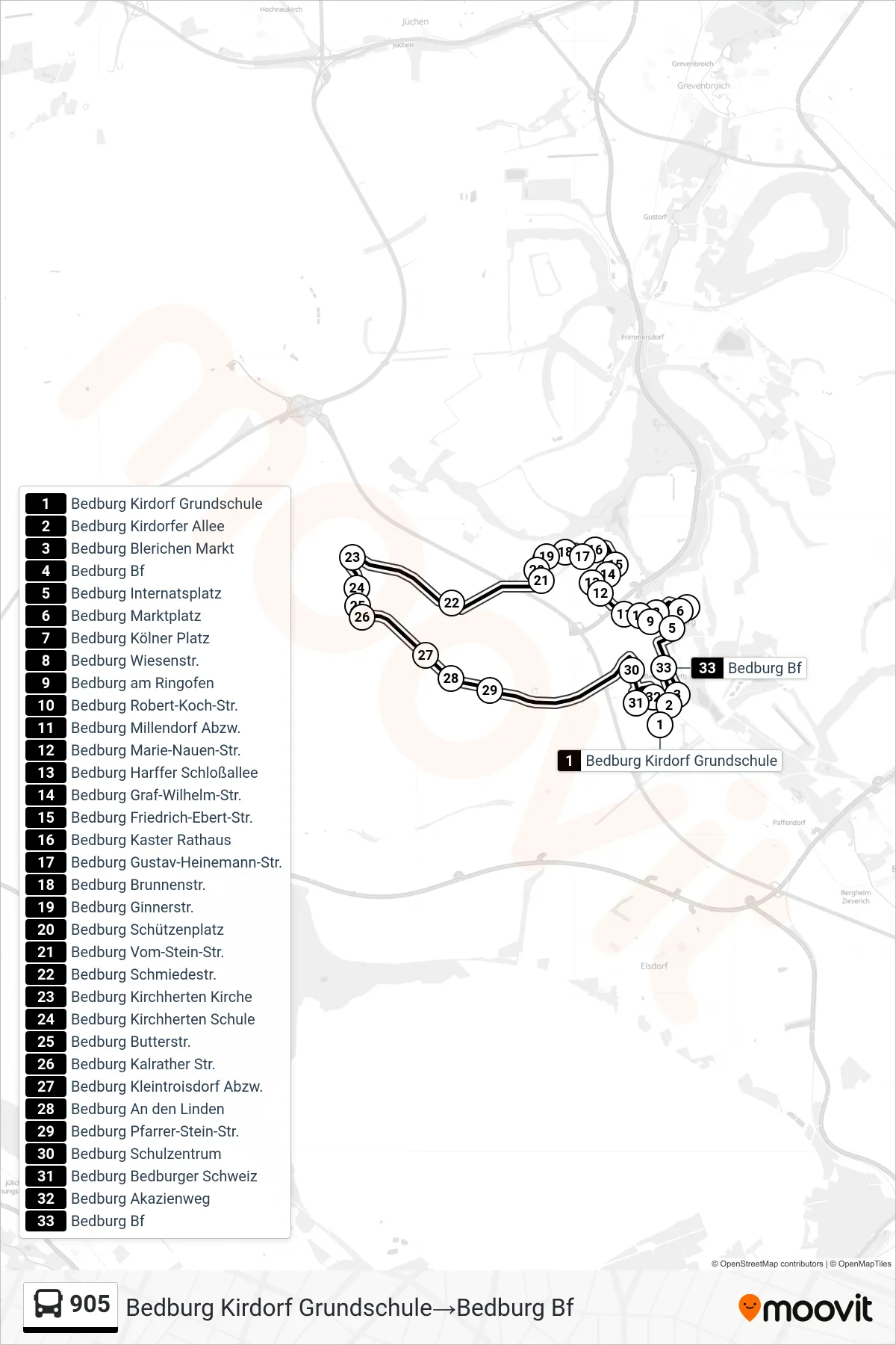 Linie 905 (Bus) Richtung Bedburg Kirdorf Grundschule→Bedburg Bf: Route und Haltestellen auf der Karte