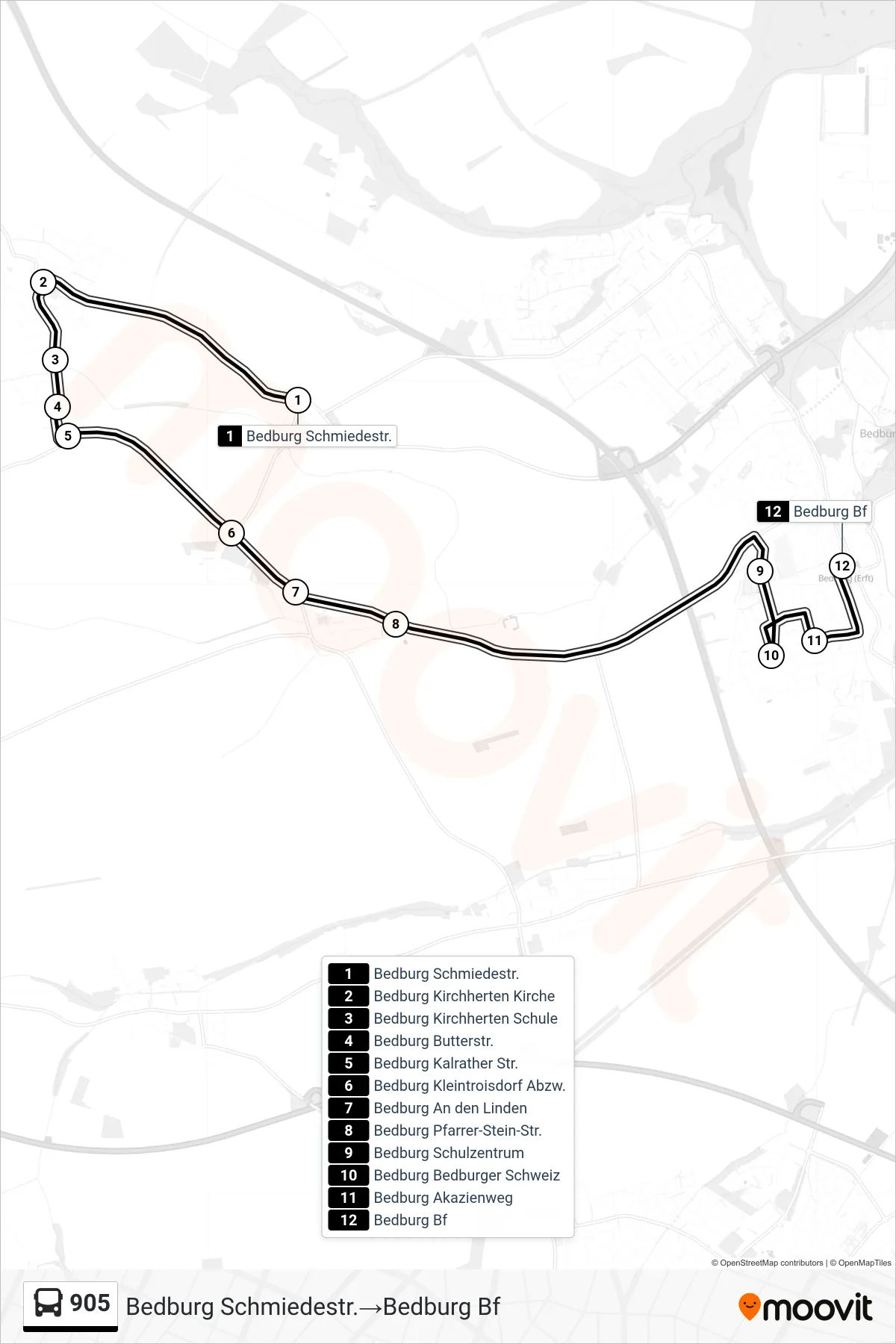 Linie 905 (Bus) Richtung Bedburg Schmiedestr.‎→Bedburg Bf: Route und Haltestellen auf der Karte