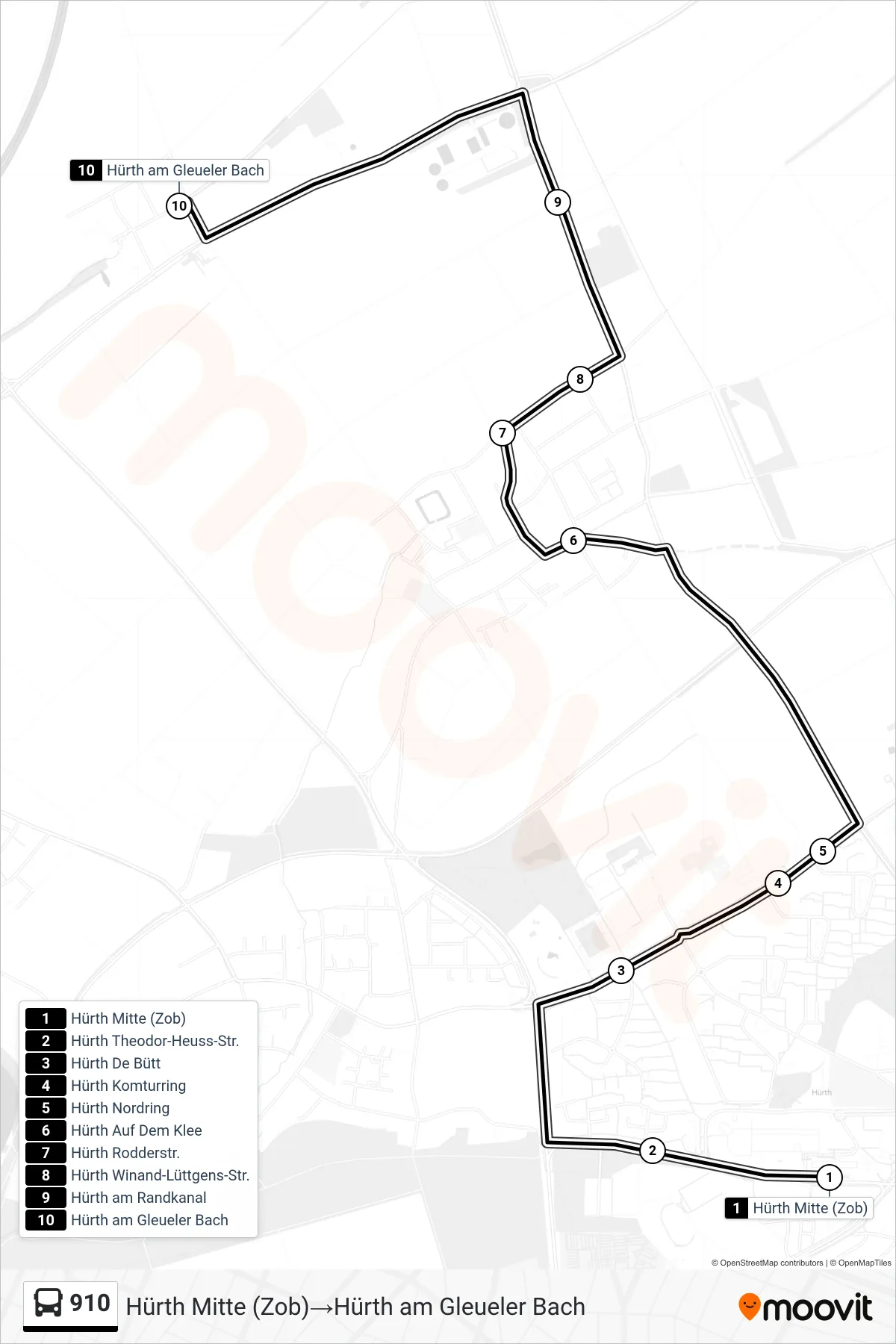Linie 910 (Bus) Richtung Hürth Mitte (Zob)‎→Hürth am Gleueler Bach: Route und Haltestellen auf der Karte