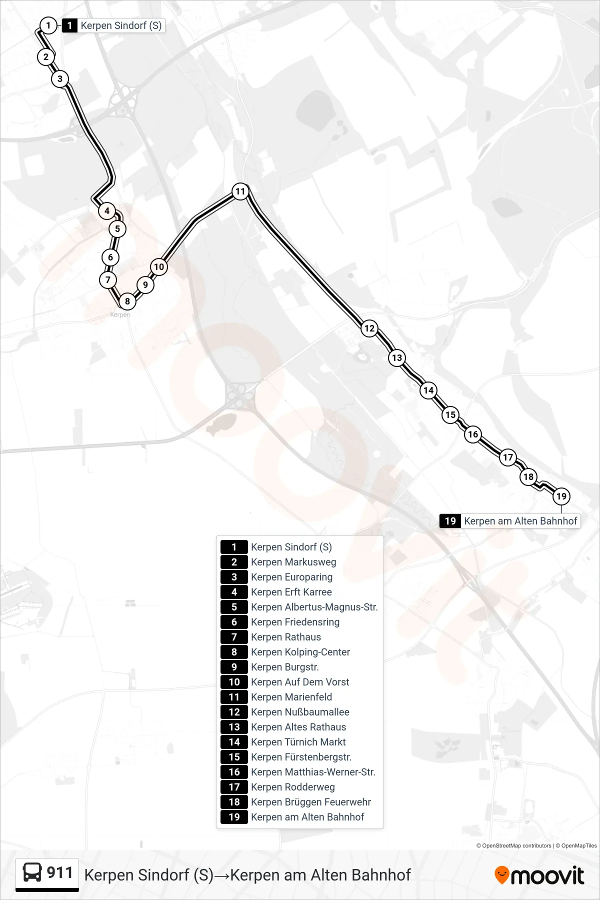 Linie 911 (Bus) Richtung Kerpen Sindorf (S)‎→Kerpen am Alten Bahnhof: Route und Haltestellen auf der Karte