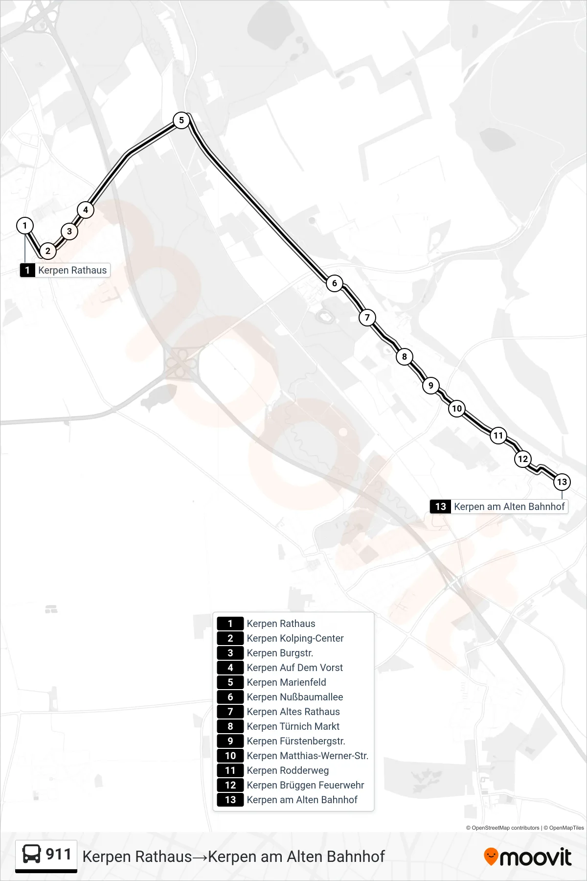 Linie 911 (Bus) Richtung Kerpen Rathaus→Kerpen am Alten Bahnhof: Route und Haltestellen auf der Karte