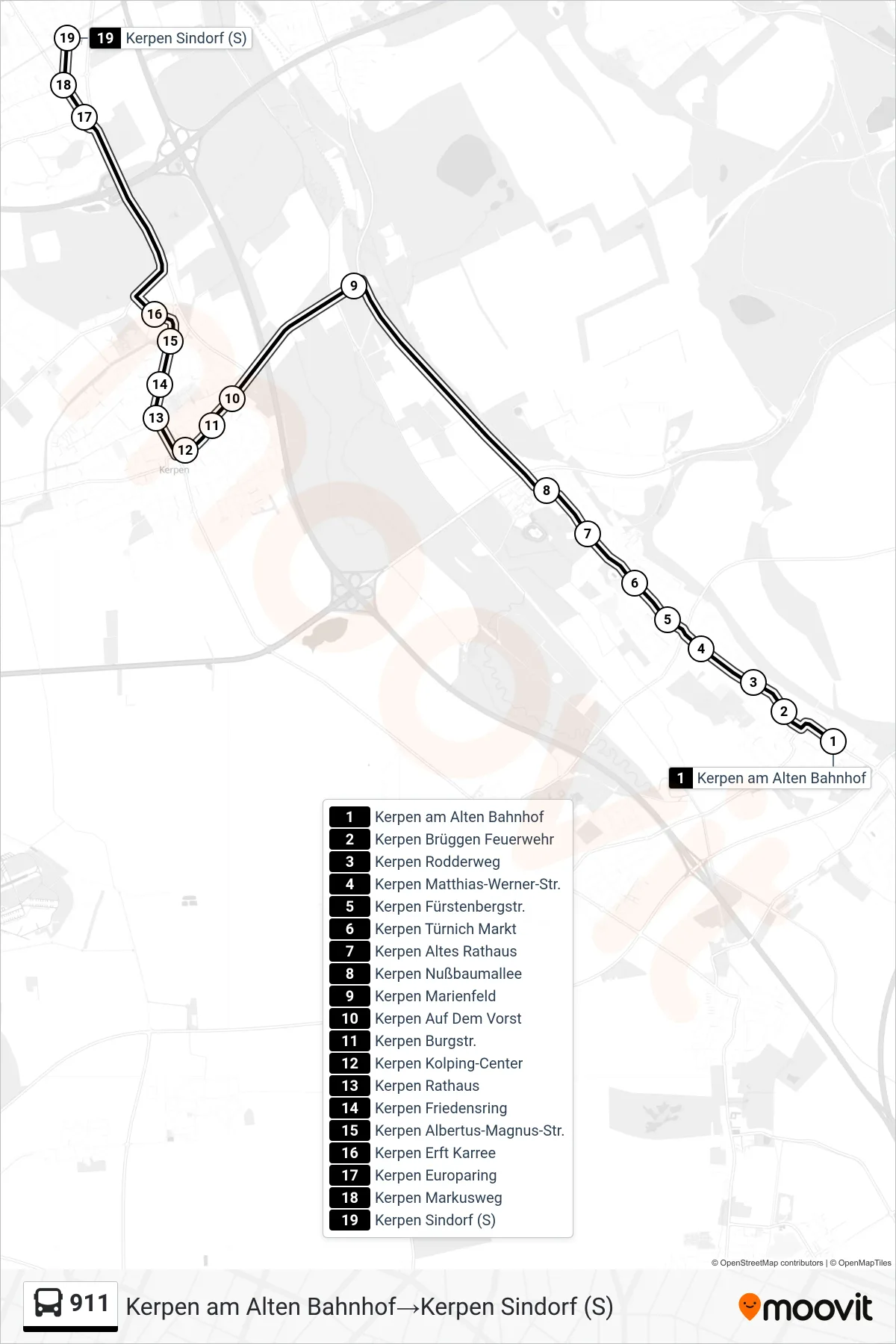 911 bus Line (Kerpen am Alten Bahnhof→Kerpen Sindorf (S)) route and stops on a map