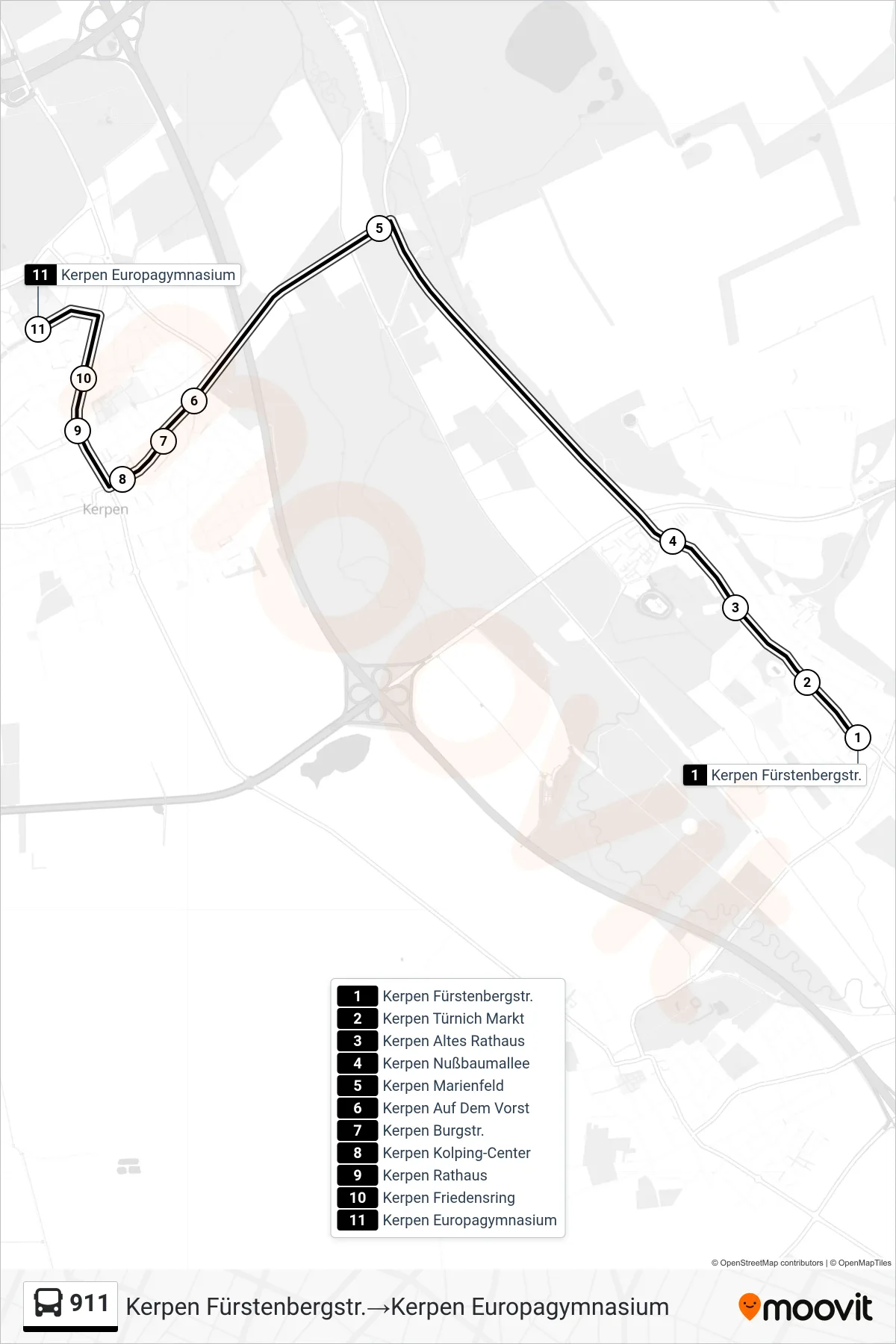 911 bus Line (Kerpen Fürstenbergstr.‎→Kerpen Europagymnasium) route and stops on a map