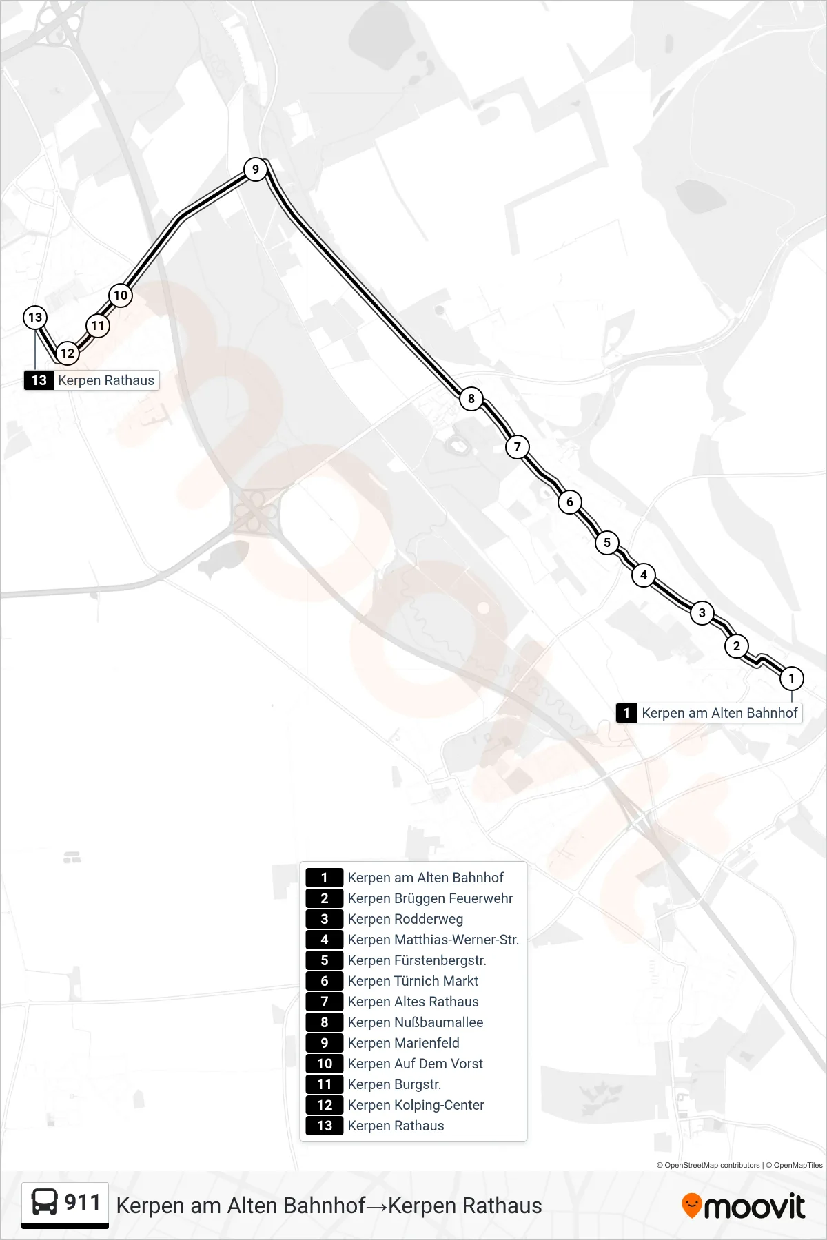 Linie 911 (Bus) Richtung Kerpen am Alten Bahnhof‎→Kerpen Rathaus: Route und Haltestellen auf der Karte