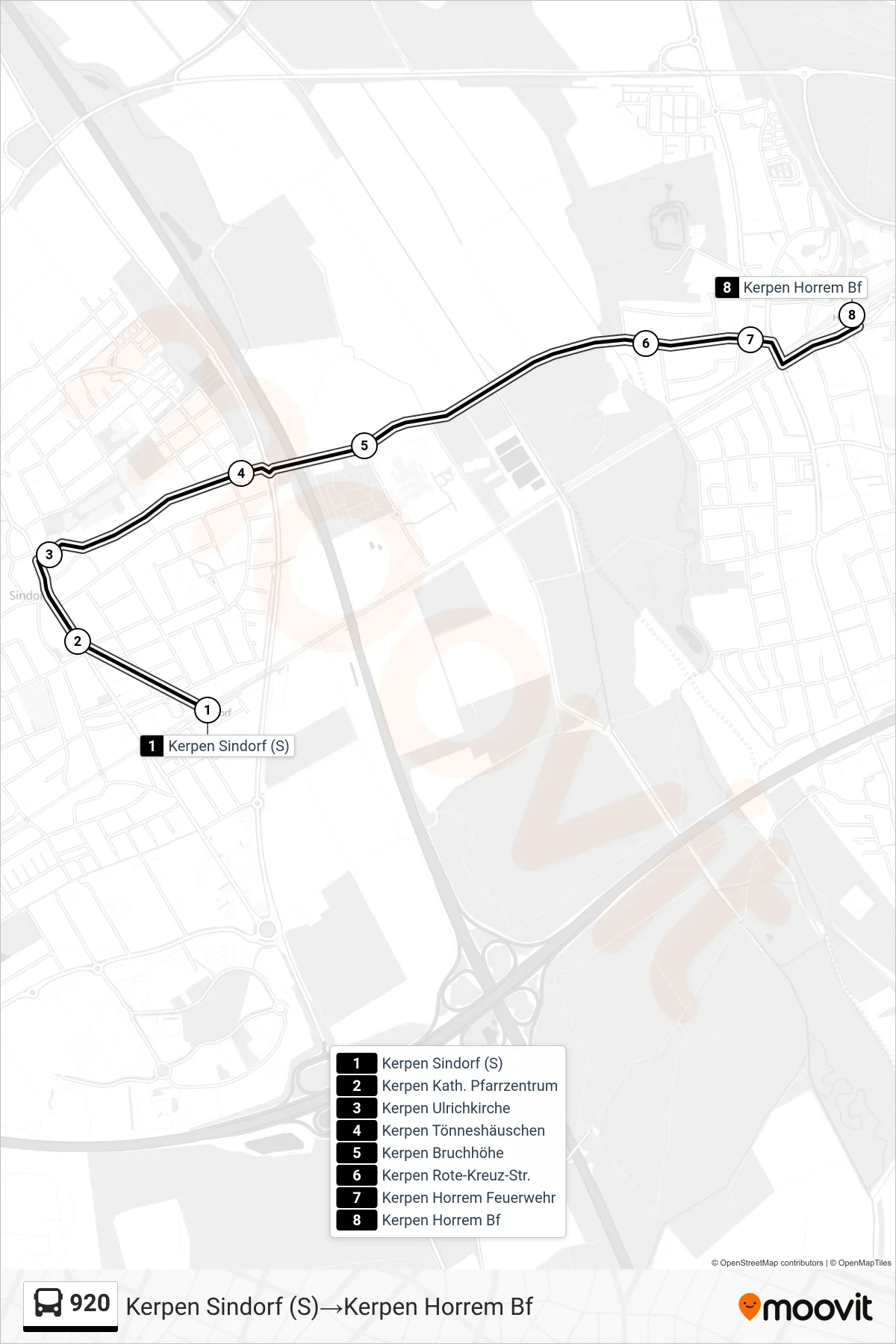 Linie 920 (Bus) Richtung Kerpen Sindorf (S)‎→Kerpen Horrem Bf: Route und Haltestellen auf der Karte