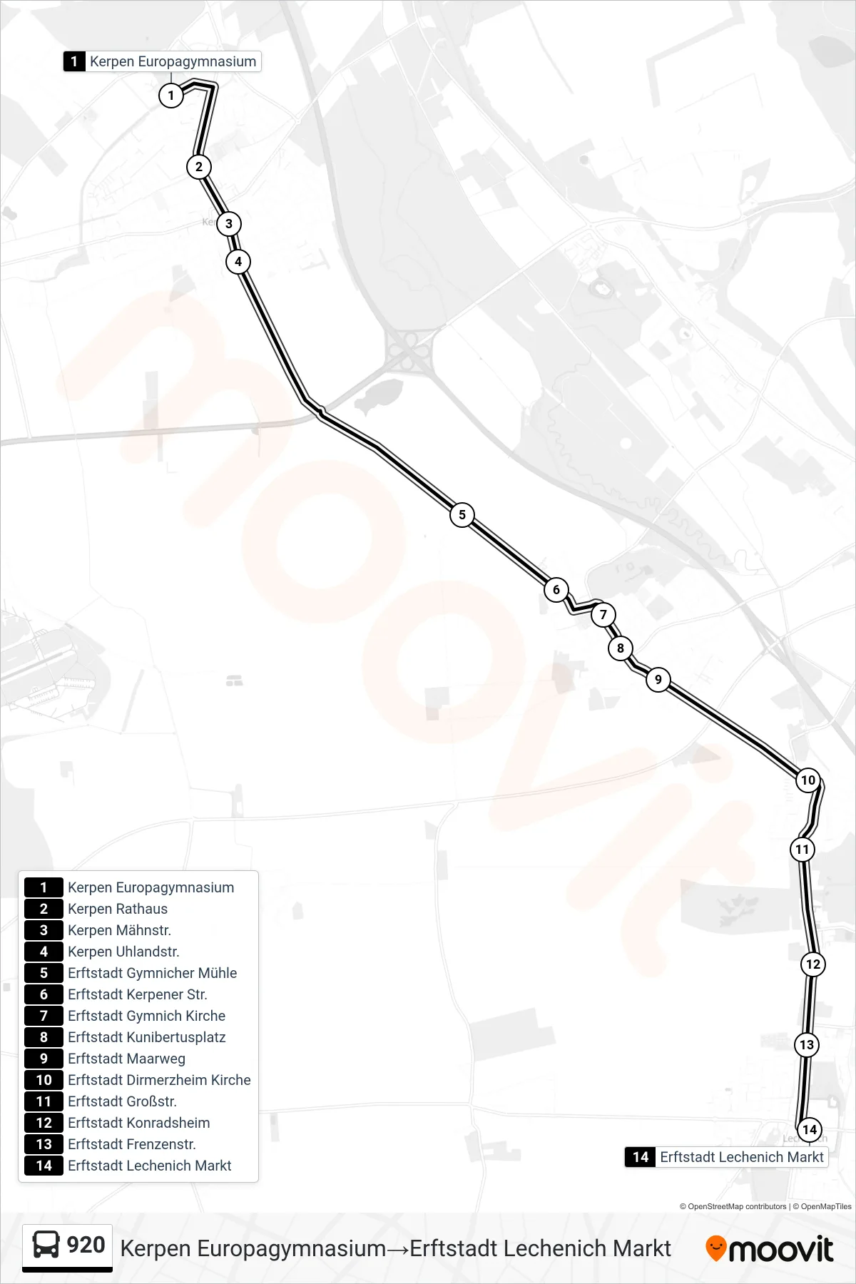Linie 920 (Bus) Richtung Kerpen Europagymnasium→Erftstadt Lechenich Markt: Route und Haltestellen auf der Karte