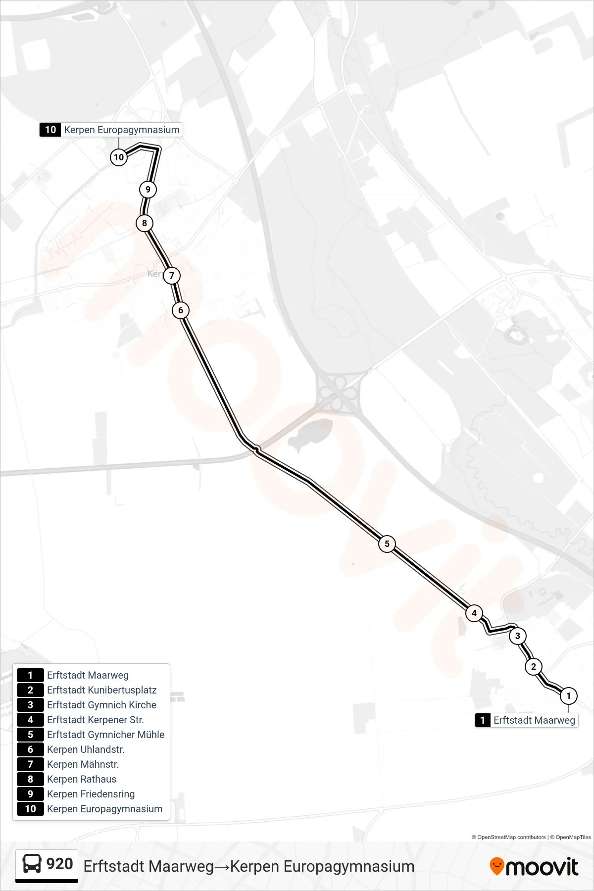 Linie 920 (Bus) Richtung Erftstadt Maarweg→Kerpen Europagymnasium: Route und Haltestellen auf der Karte
