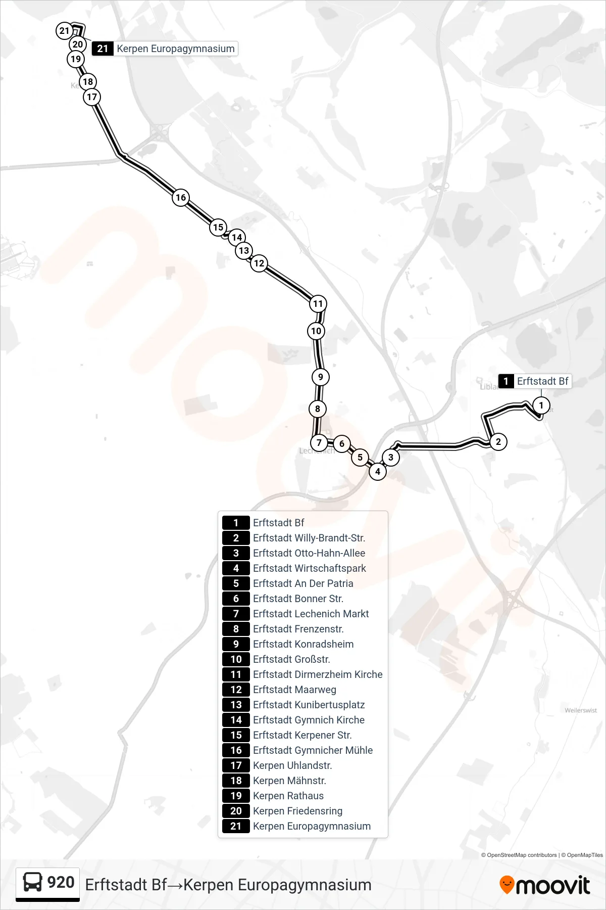 920 bus Line (Erftstadt Bf→Kerpen Europagymnasium) route and stops on a map