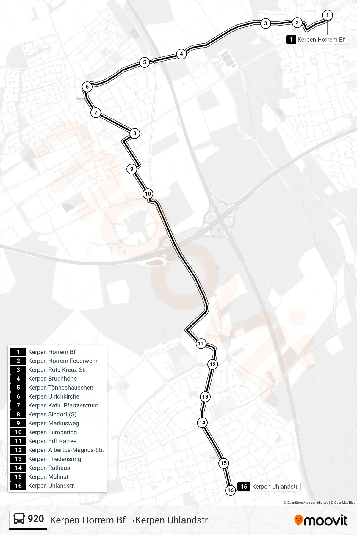 Linie 920 (Bus) Richtung Kerpen Horrem Bf→Kerpen Uhlandstr.: Route und Haltestellen auf der Karte