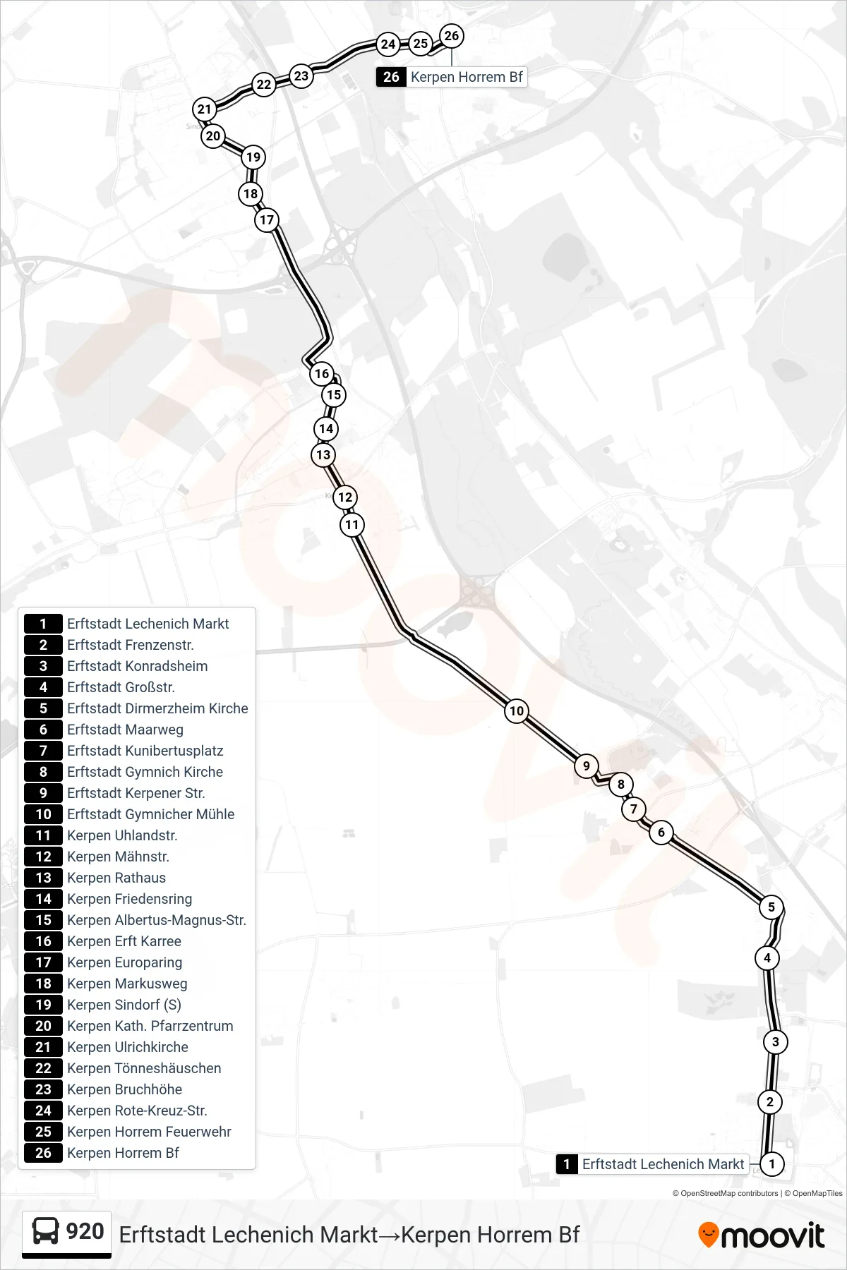 Linie 920 (Bus) Richtung Erftstadt Lechenich Markt→Kerpen Horrem Bf: Route und Haltestellen auf der Karte