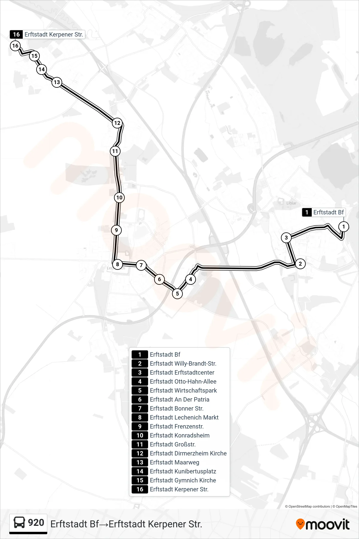 Linie 920 (Bus) Richtung Erftstadt Bf‎→Erftstadt Kerpener Str.: Route und Haltestellen auf der Karte