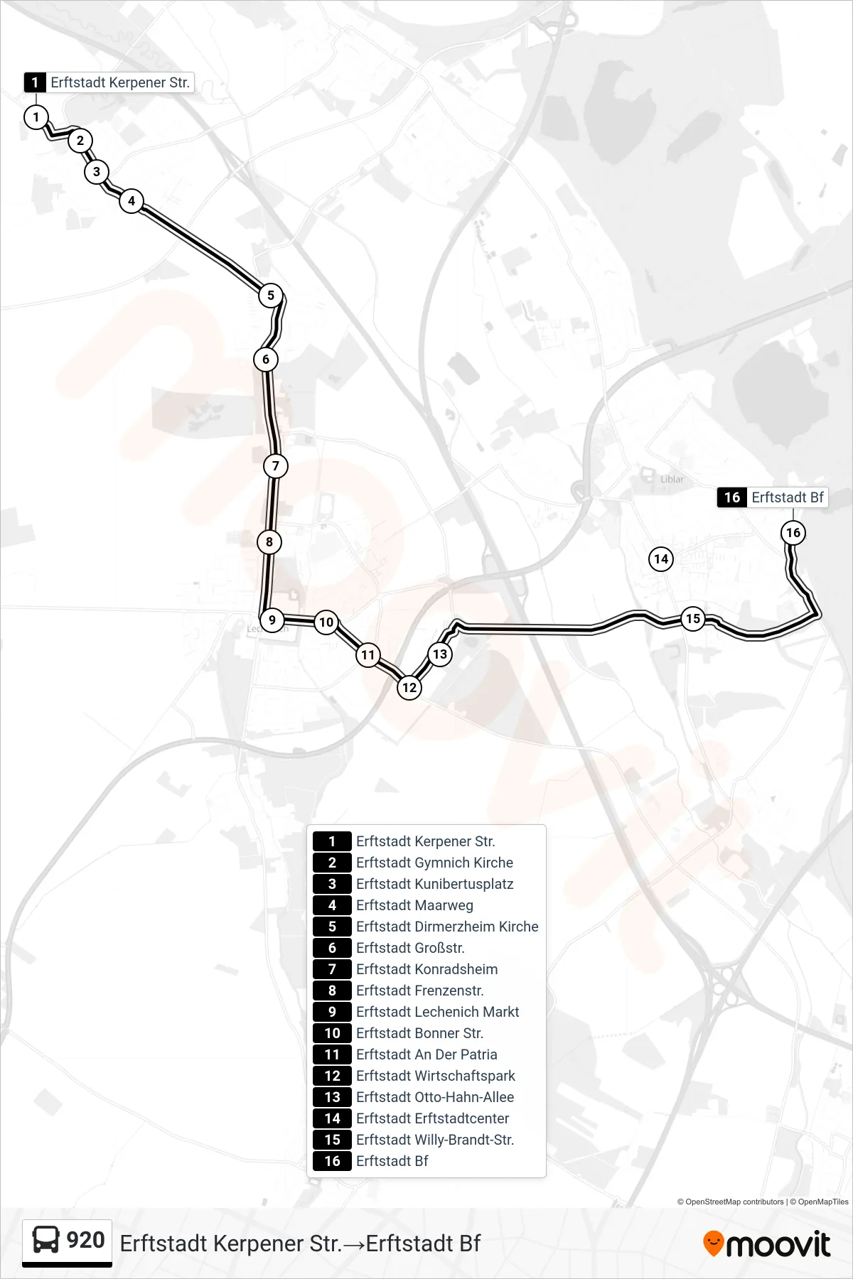 Linie 920 (Bus) Richtung Erftstadt Kerpener Str.→Erftstadt Bf: Route und Haltestellen auf der Karte