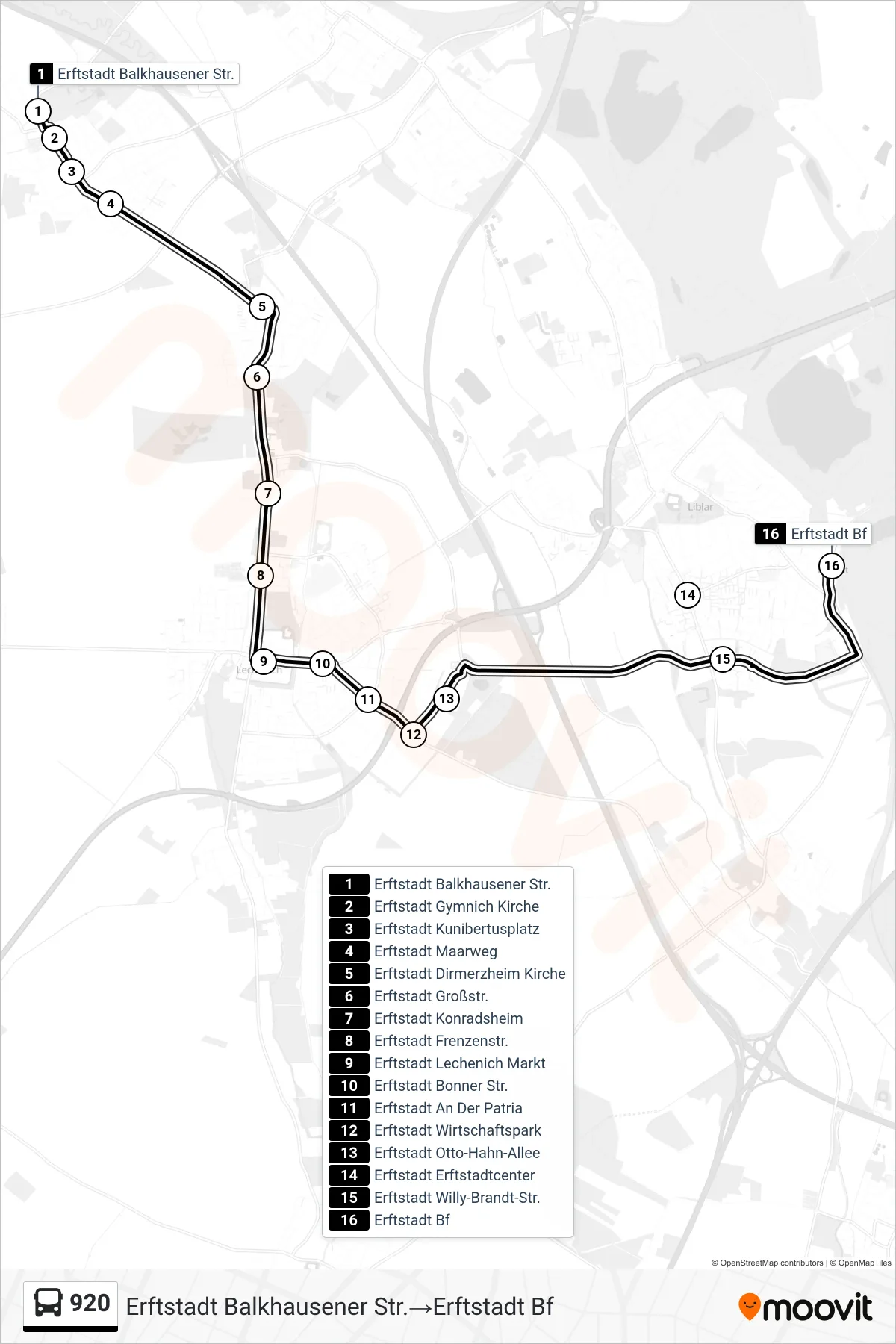 Linie 920 (Bus) Richtung Erftstadt Balkhausener Str.‎→Erftstadt Bf: Route und Haltestellen auf der Karte